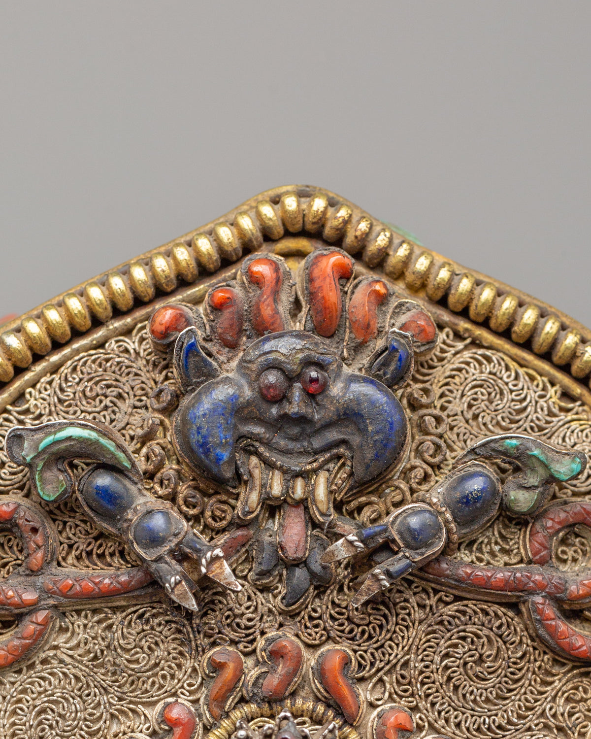 Buddhist Ghau Box with Deity Carvings | Silver Sacred Shrine