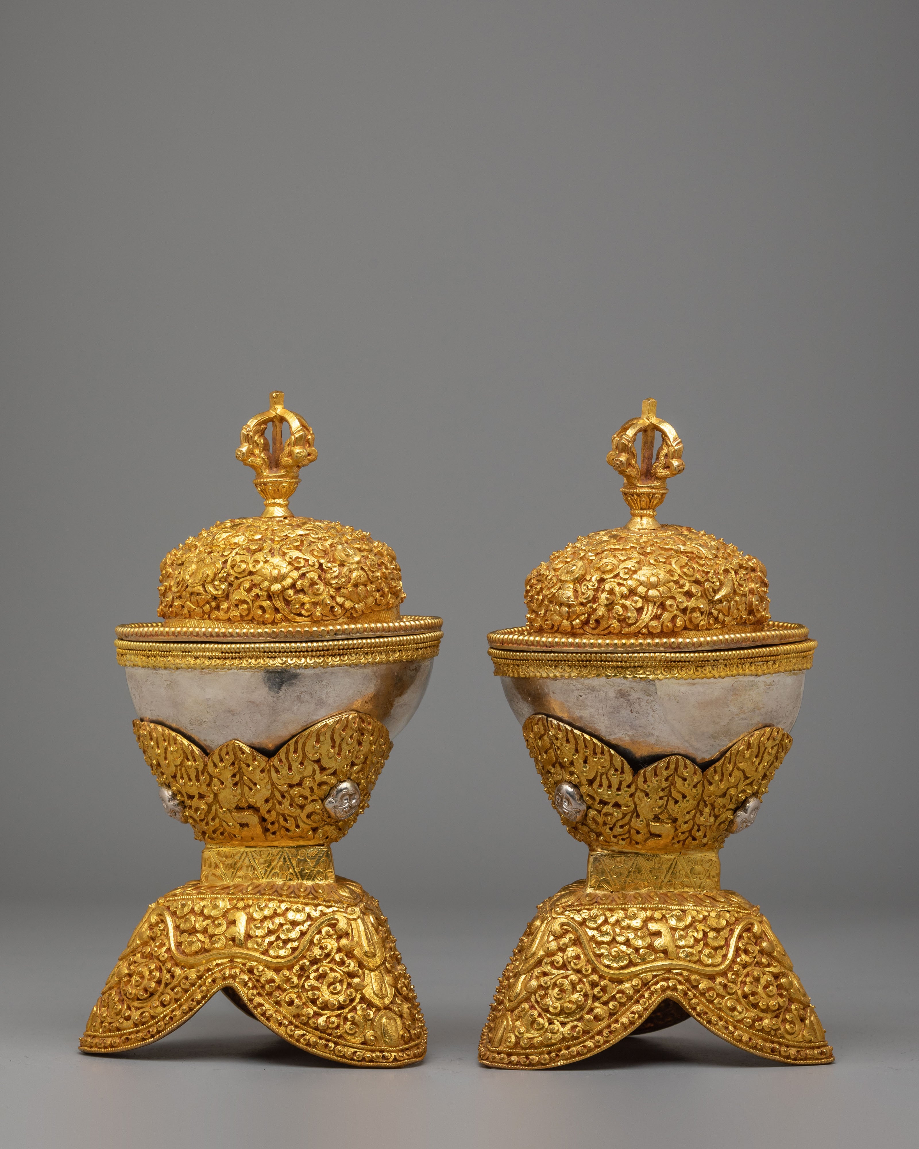 Tibetan Ritual Skull Cups for Altar | Gold and Silver Plated Kapala Set