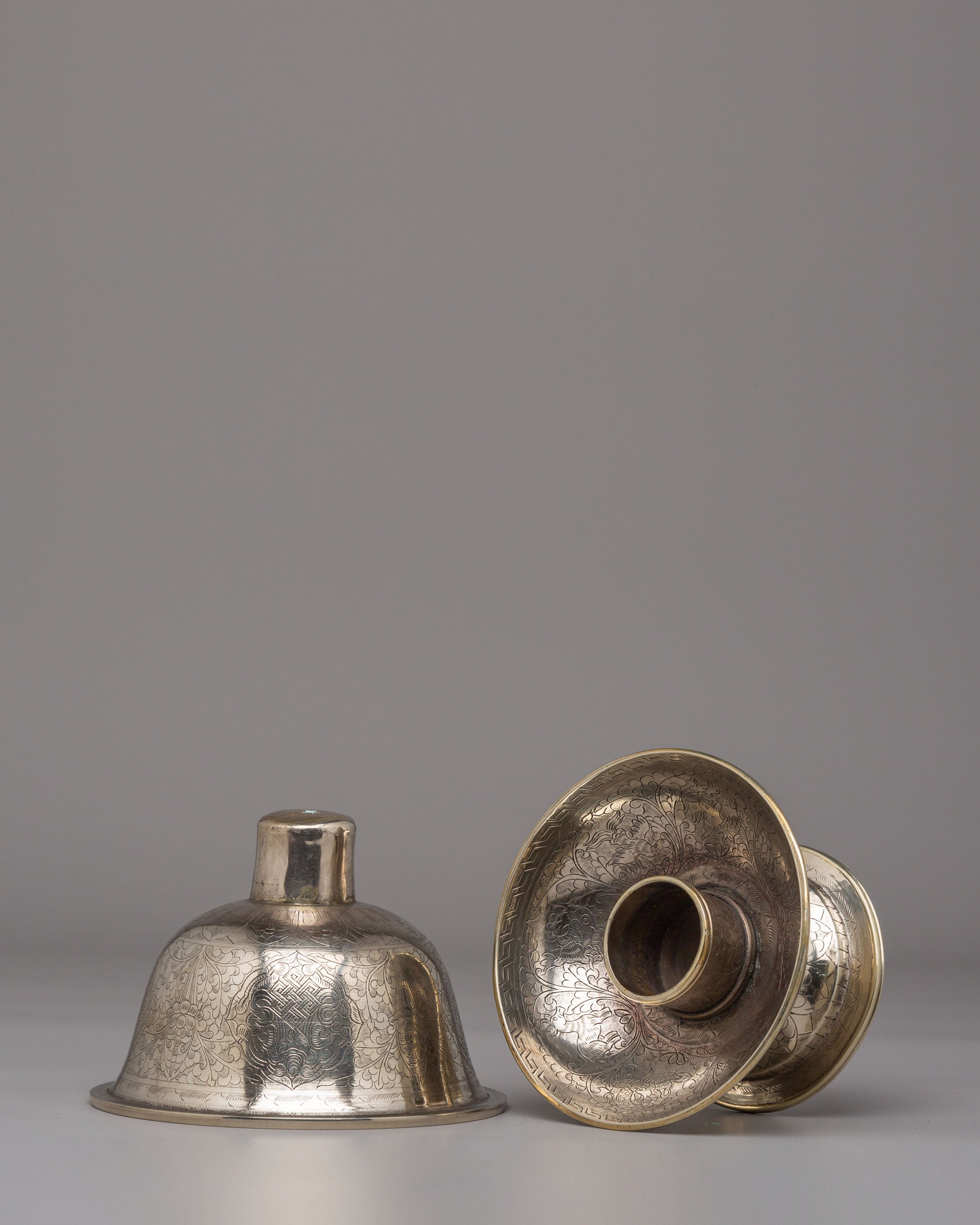 Tibetan Ritual Tea Cup Set | White Metal Ritual Cups for Altar Decor