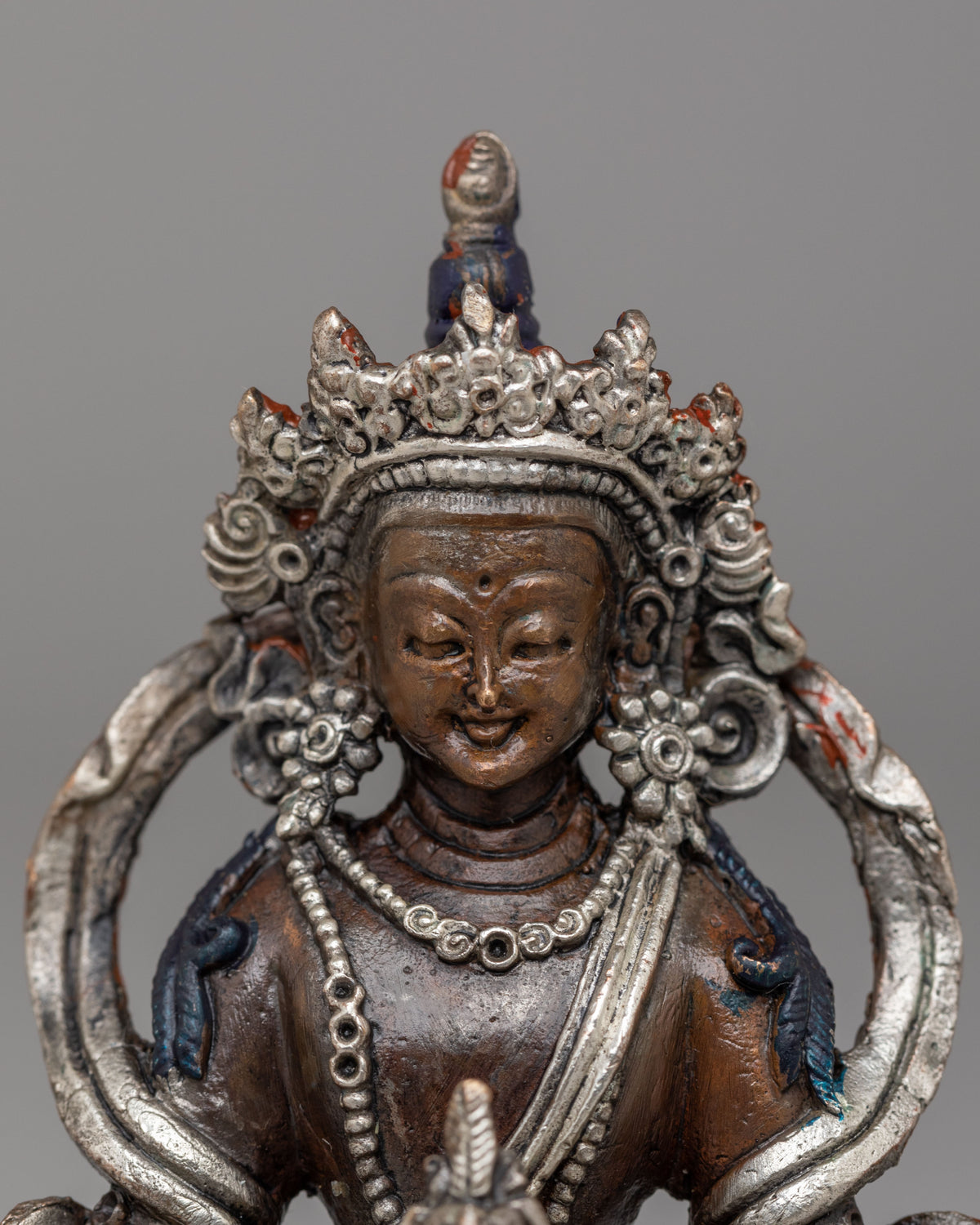 Traditional Amitayus Buddha Longevity Statue | Oxidized Copper Body with Silver Plating