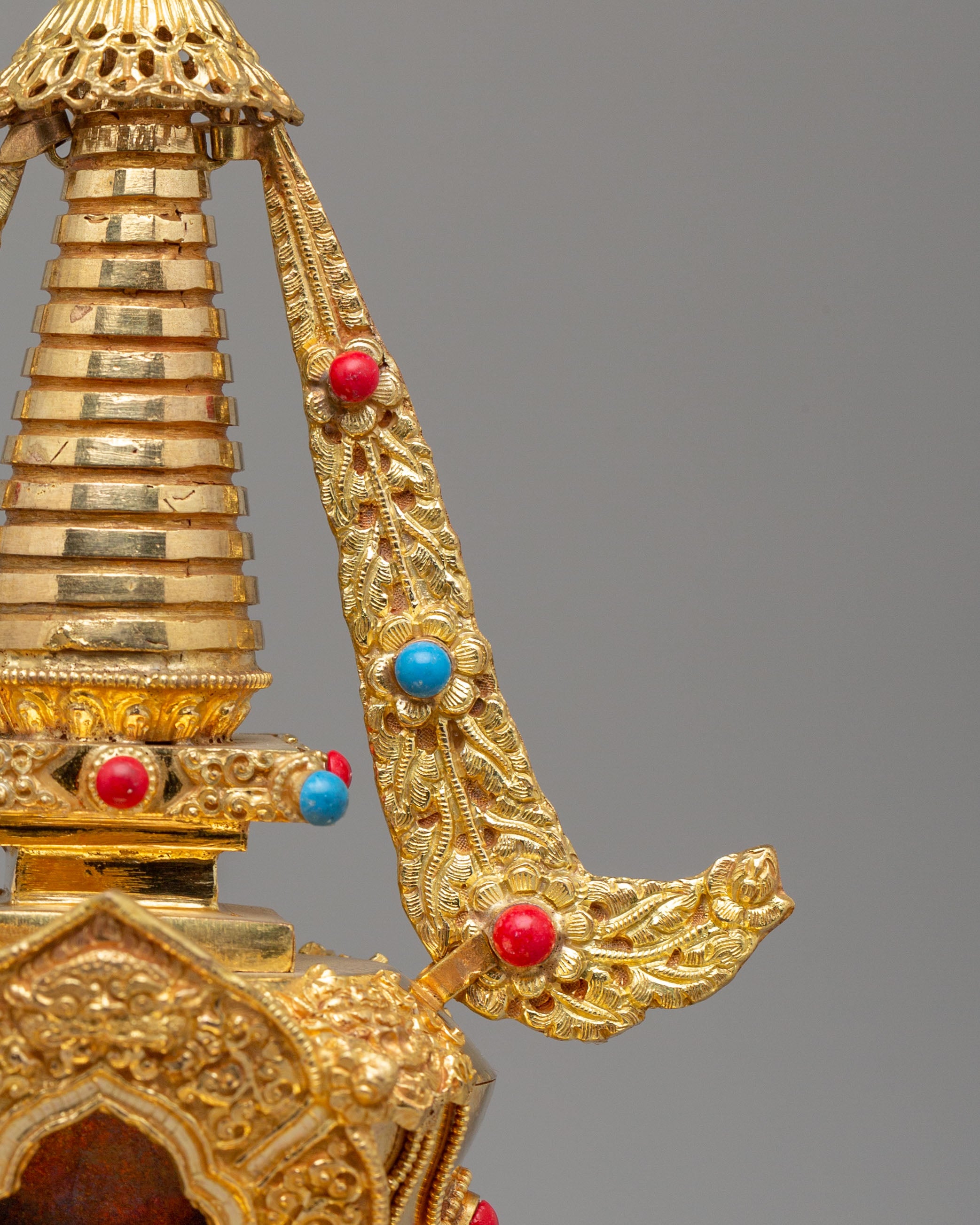 Traditional Descent From Heaven Stupa | 22K Gold Copper Tibetan Stupa