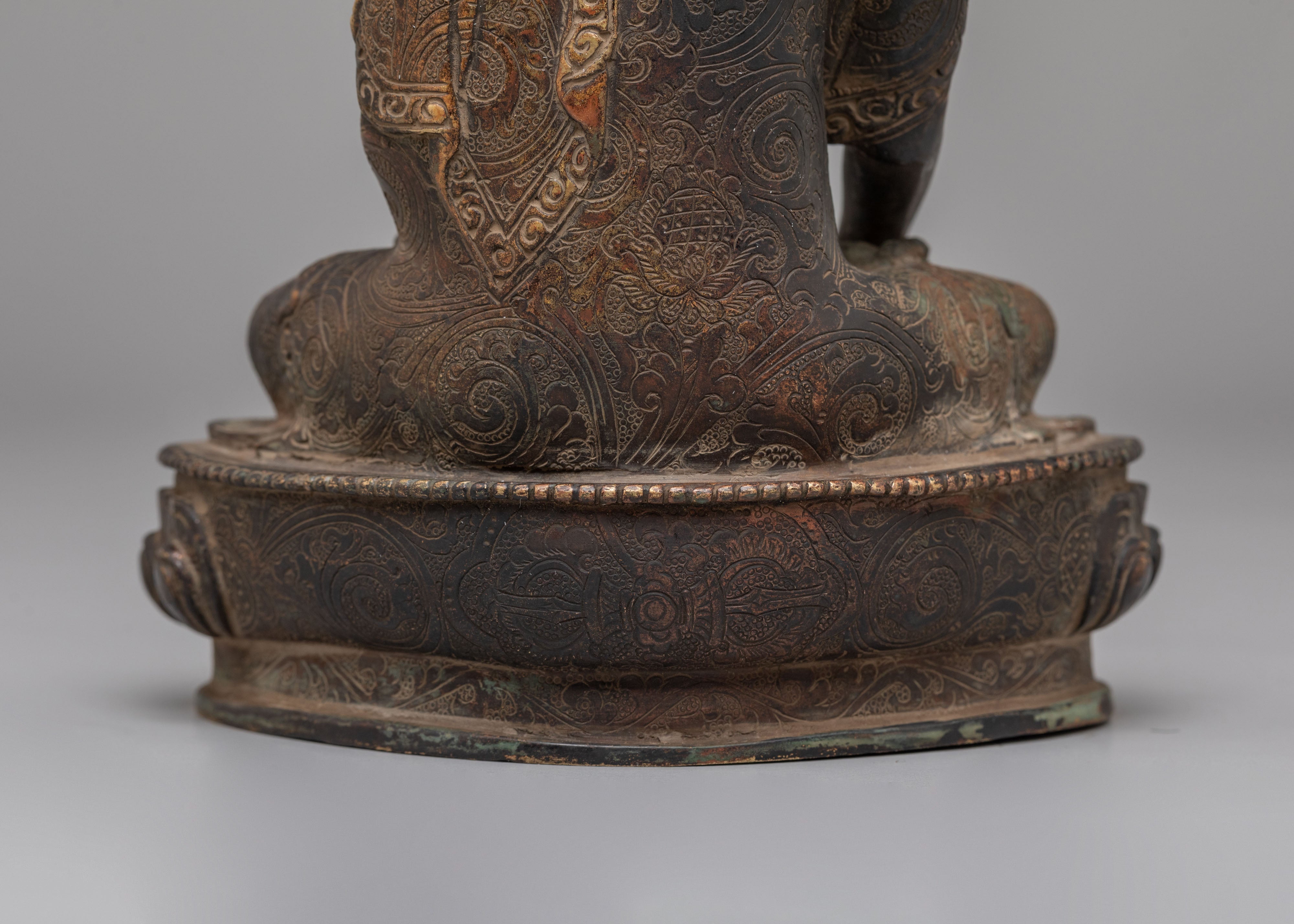 Tibetan Buddha Shakyamuni Sculpture | Oxidized Brass Buddha Figure