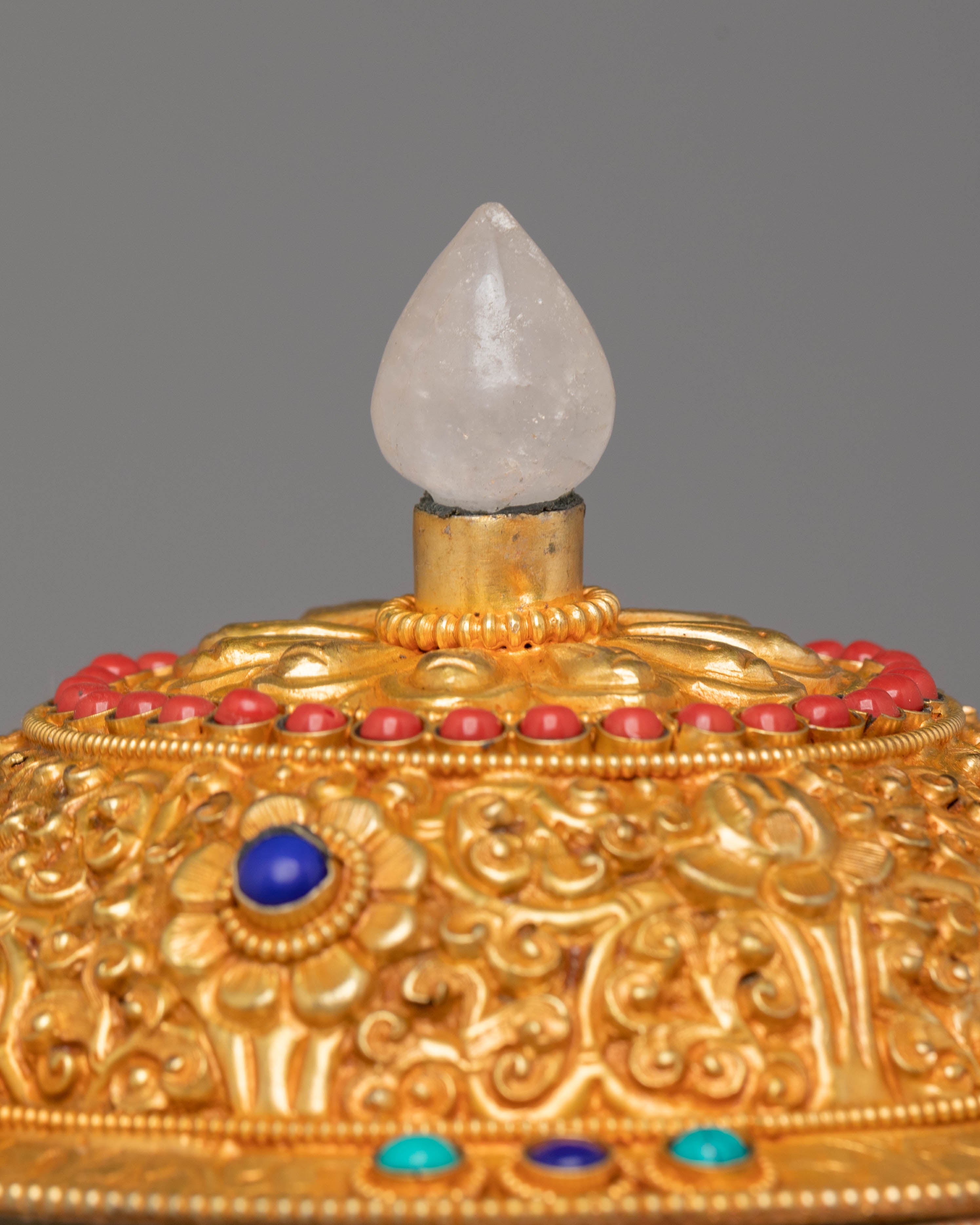 Sacred Tibetan Handcrafted Rice Pot | Electro Gold-Plated with Coral & Turquoise
