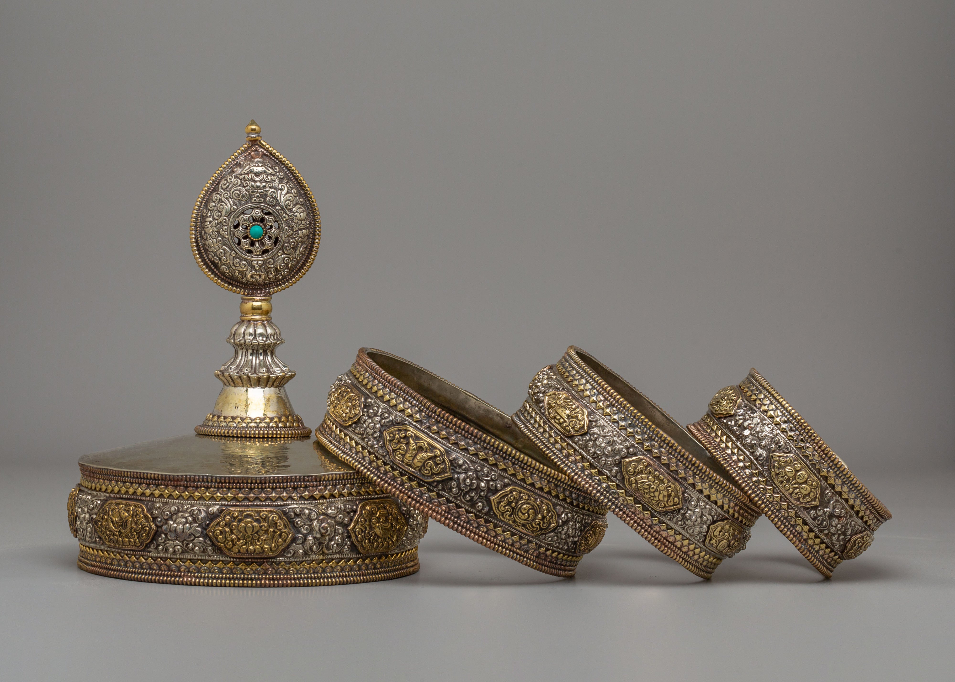 Traditional Altar Mandala Offering Set | Silver and Gold Plated Tibetan Mandala