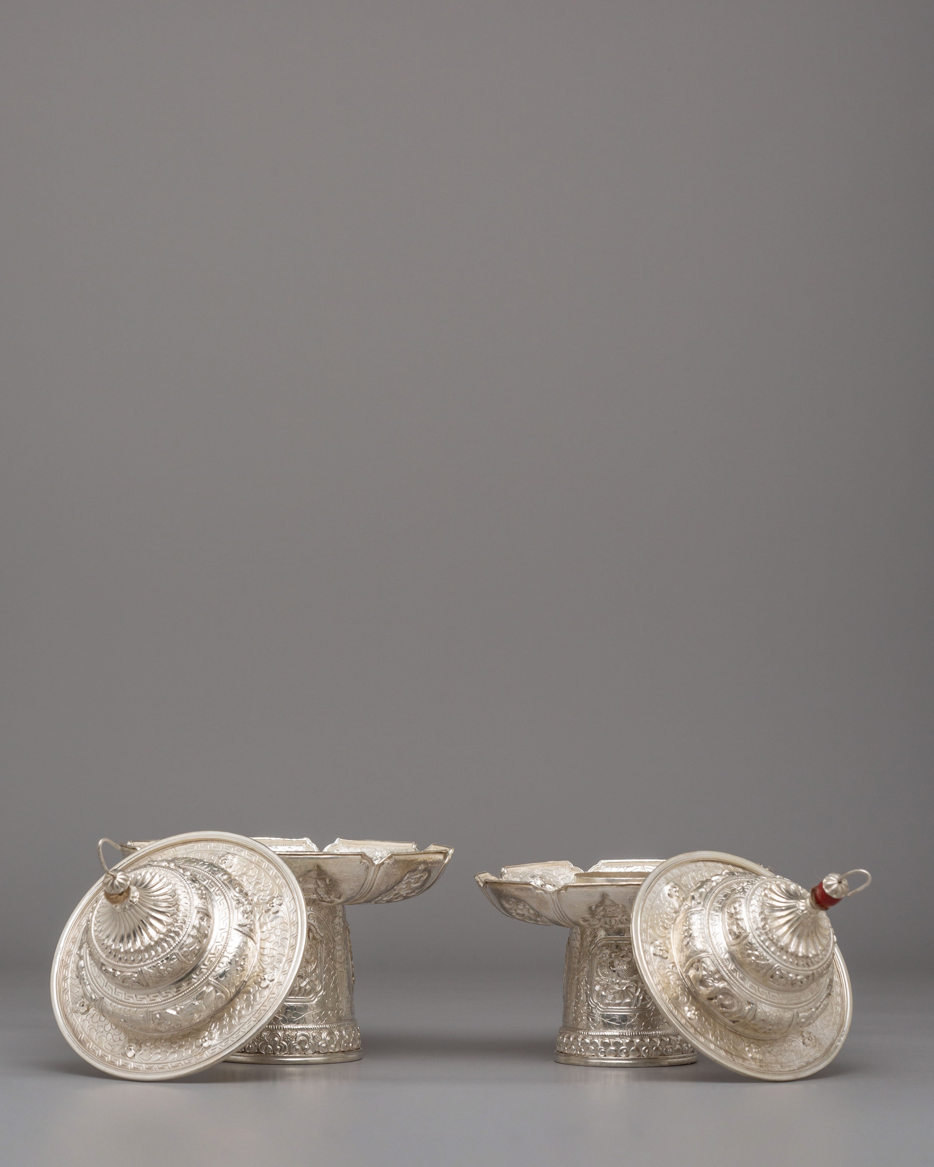 Traditional Tea Cup Cover Set | White Metal Tibetan Ritual Decor