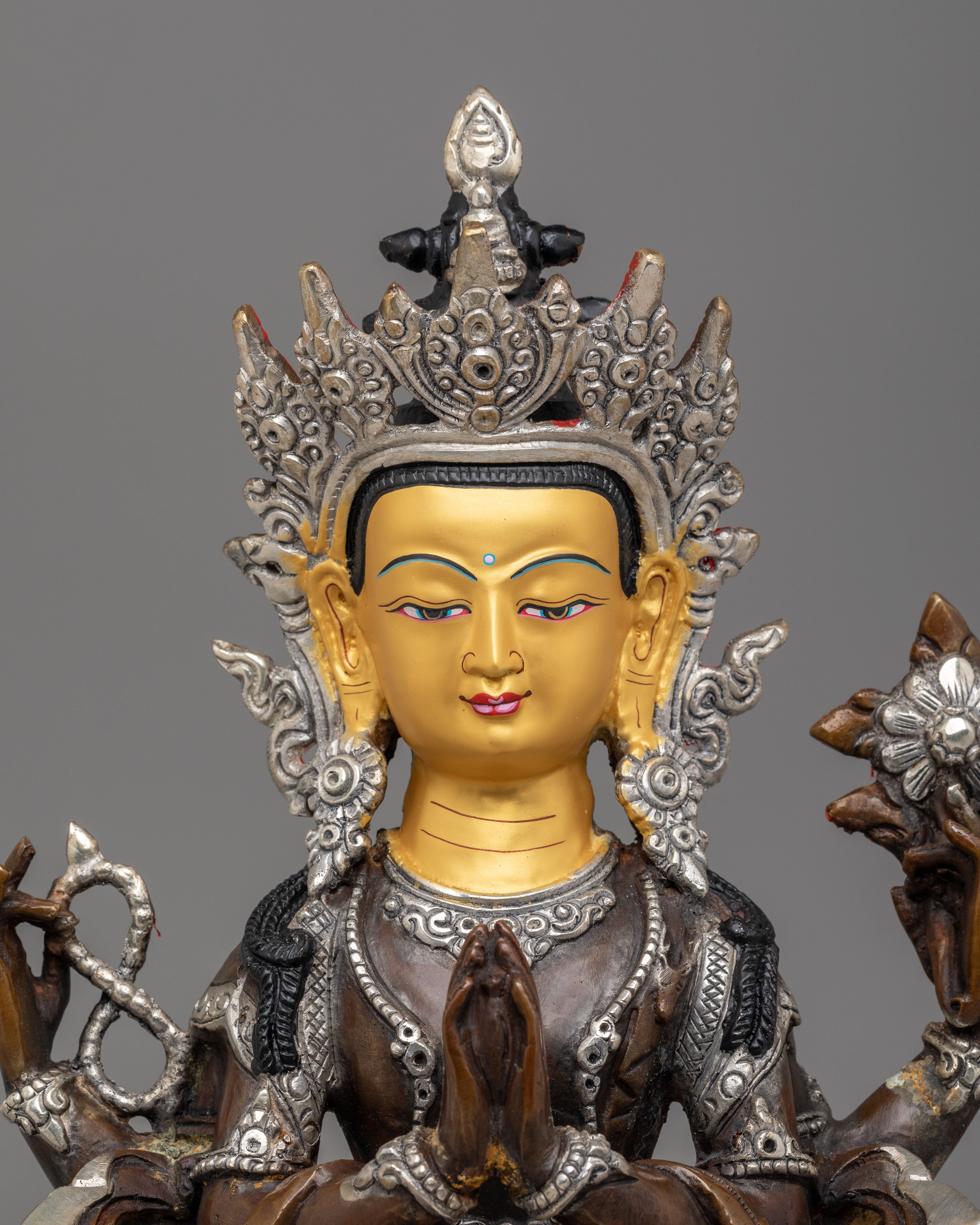 Tibetan Altar Avalokiteshvara Statue | Gold Plated Chenrezig Buddhist Sculpture