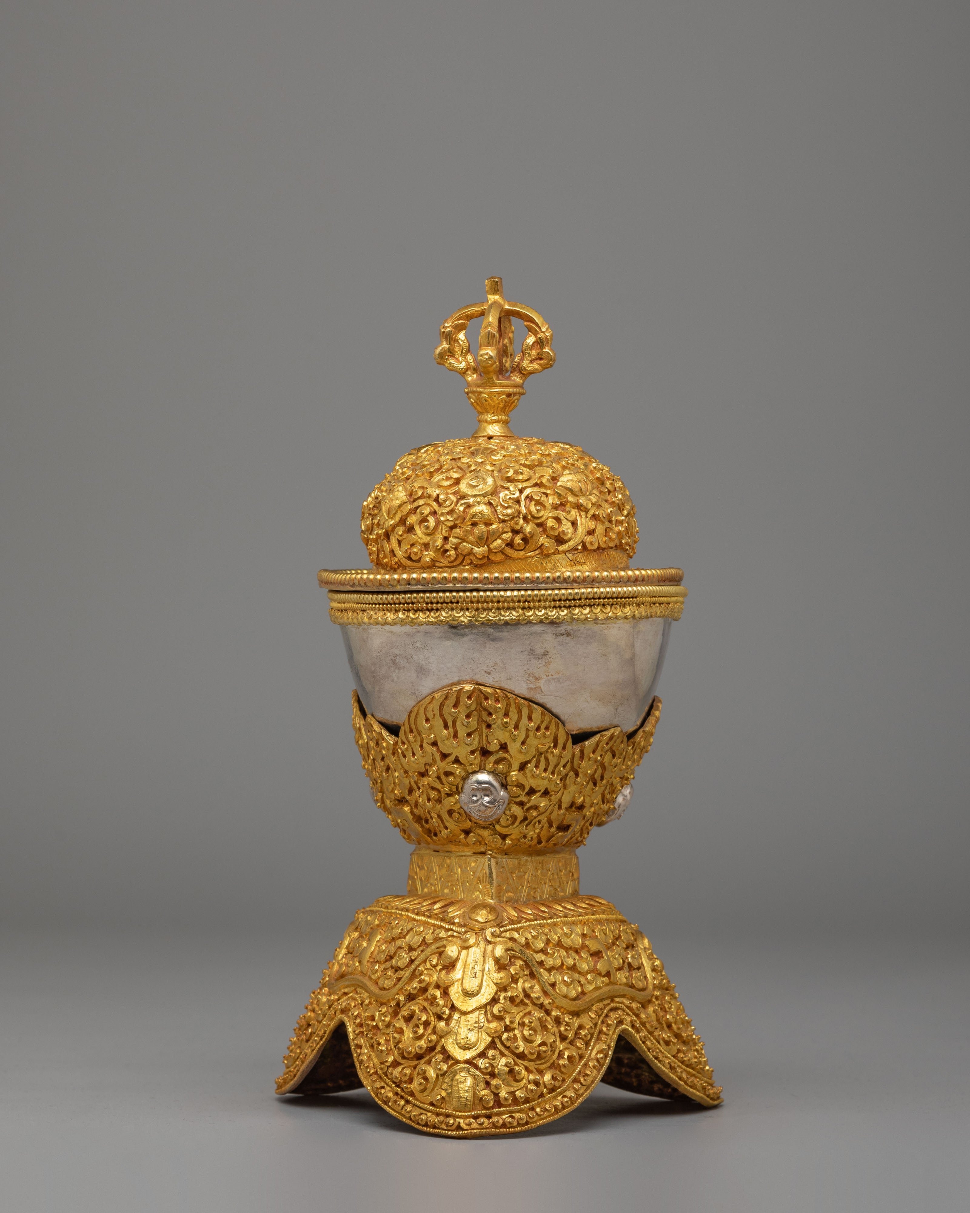 Tibetan Ritual Skull Cups for Altar | Gold and Silver Plated Kapala Set