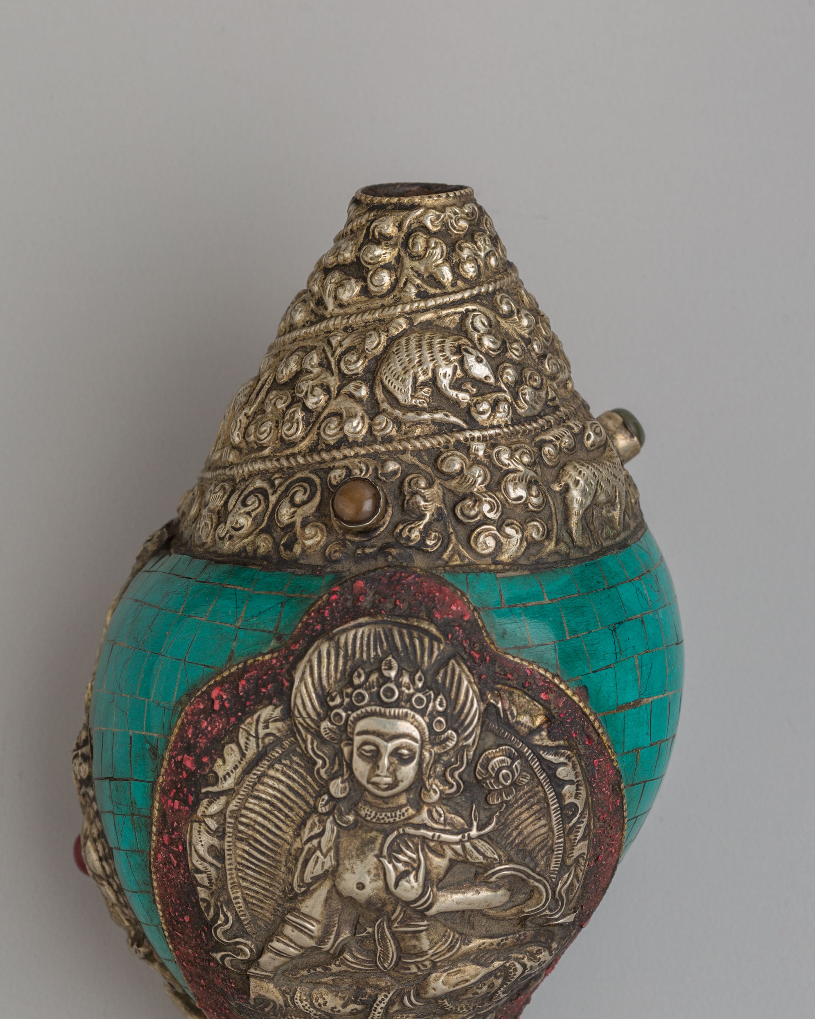 Handmade Tibetan Conch | Gemstone & Coral Inlay