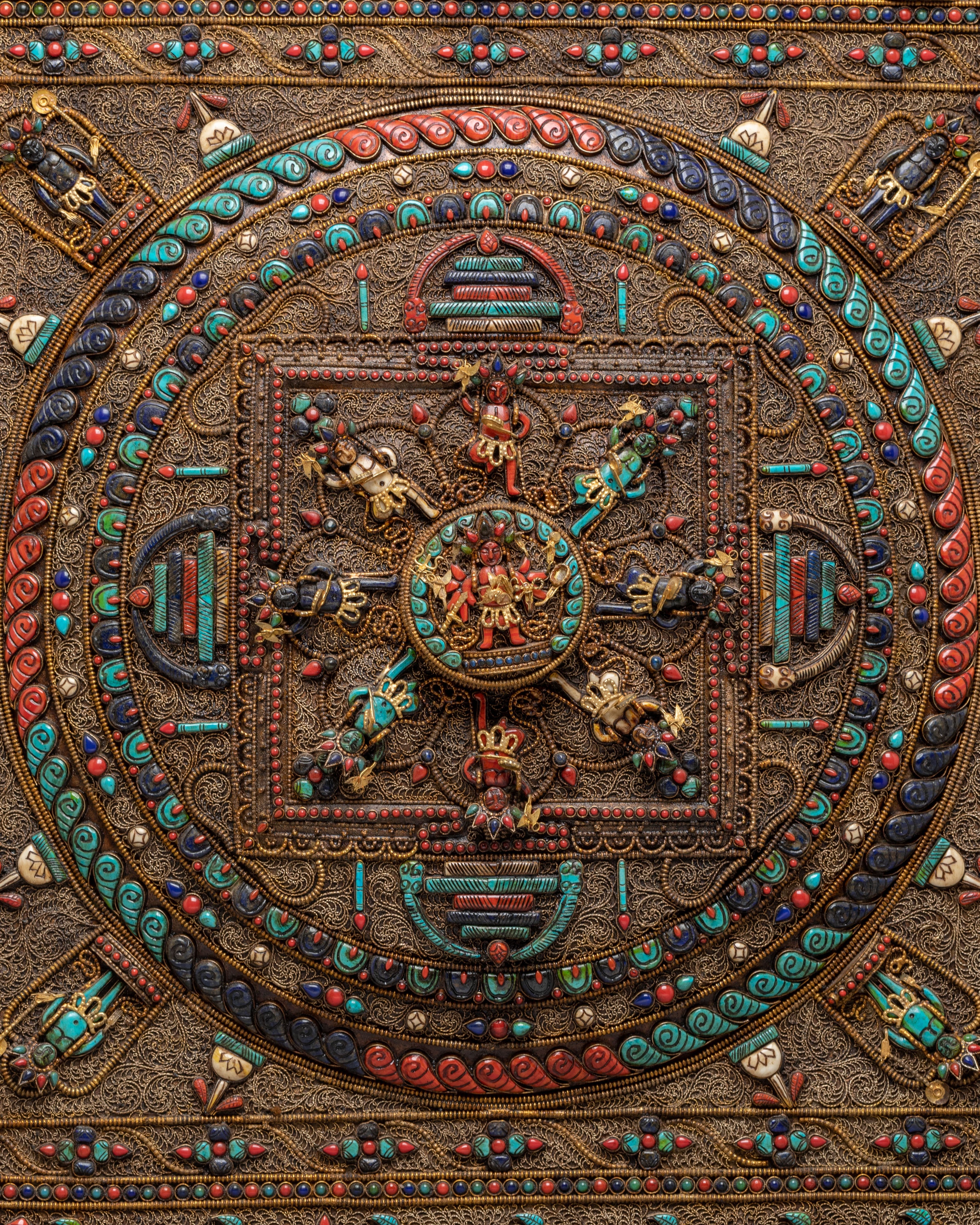 Tibetan Mandala Metal Thangka | Silver Filigree Buddhist Wall Art