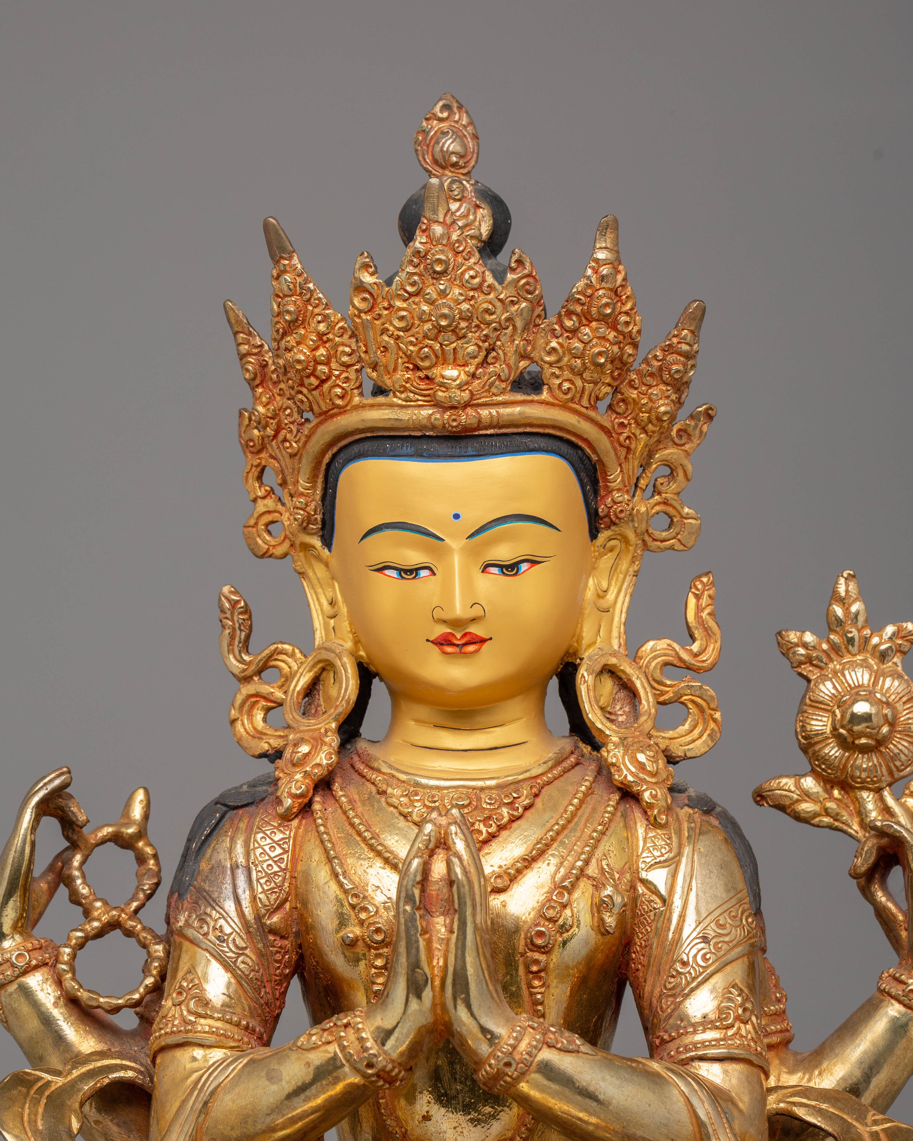 Handcrafted Chenrezig Golden Statue | Tibetan Buddhist Deity