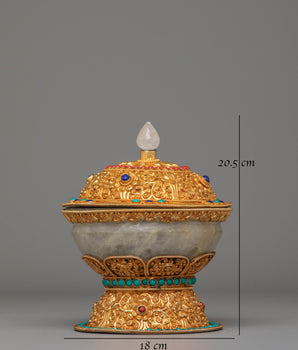 Sacred Tibetan Handcrafted Rice Pot | Electro Gold-Plated with Coral & Turquoise