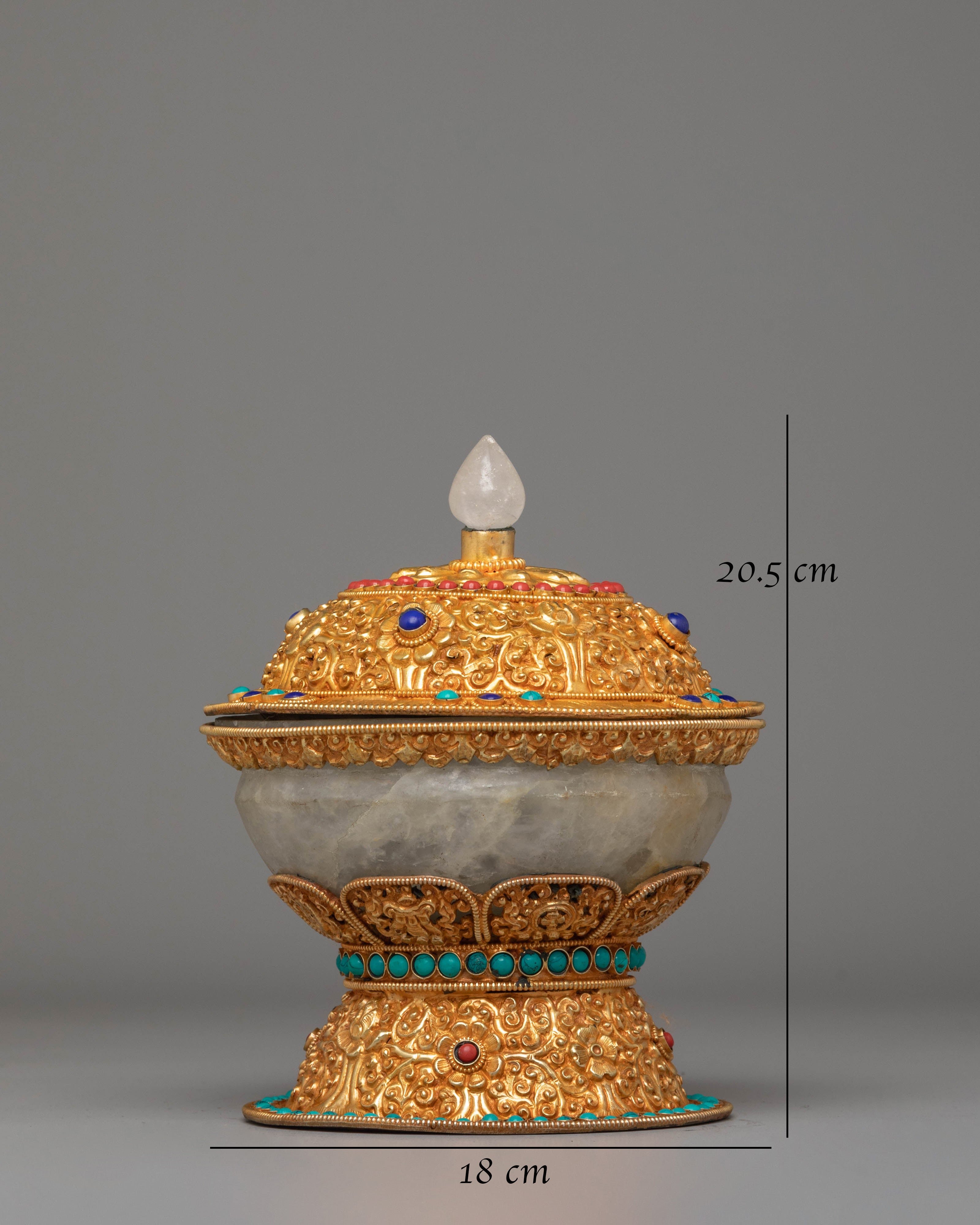 Sacred Tibetan Handcrafted Rice Pot | Electro Gold-Plated with Coral & Turquoise