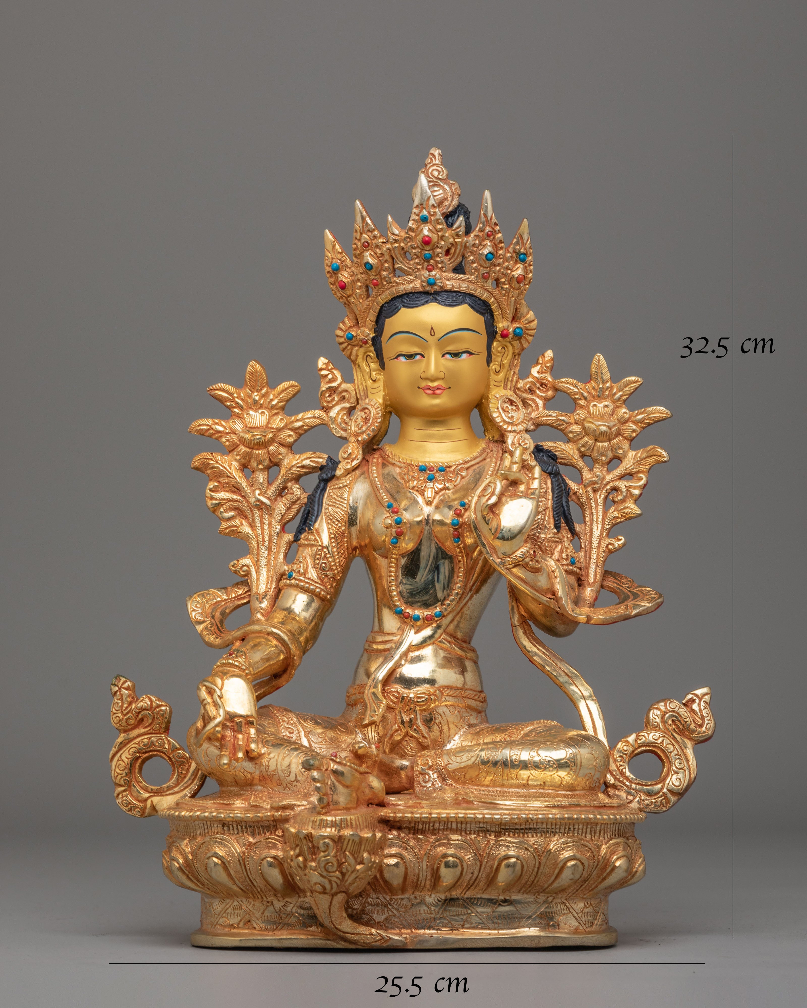 Sacred Green Tara Sculpture | Copper Body with 24K Gold Plating and Gemstones