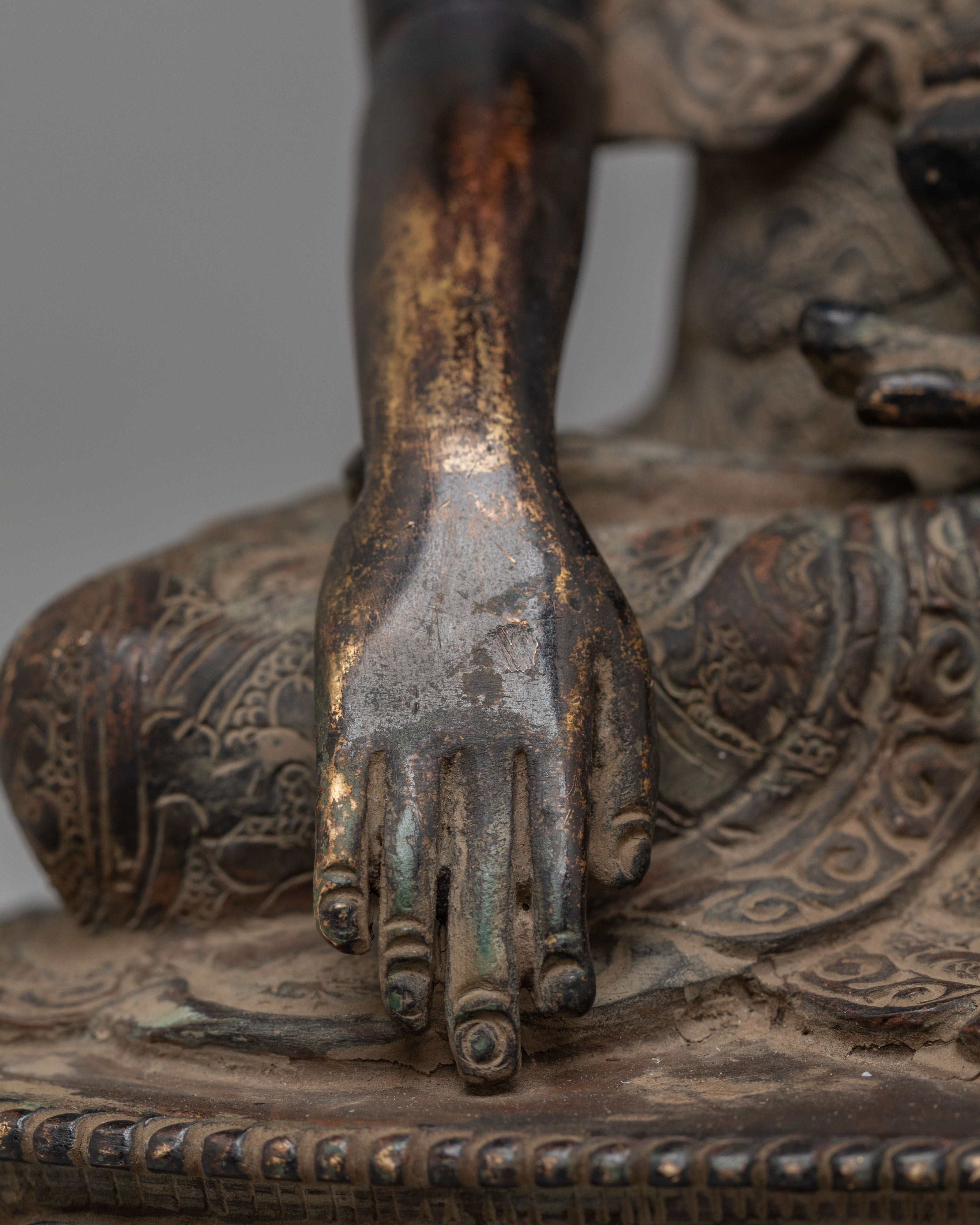 Tibetan Buddha Shakyamuni Sculpture | Oxidized Brass Buddha Figure