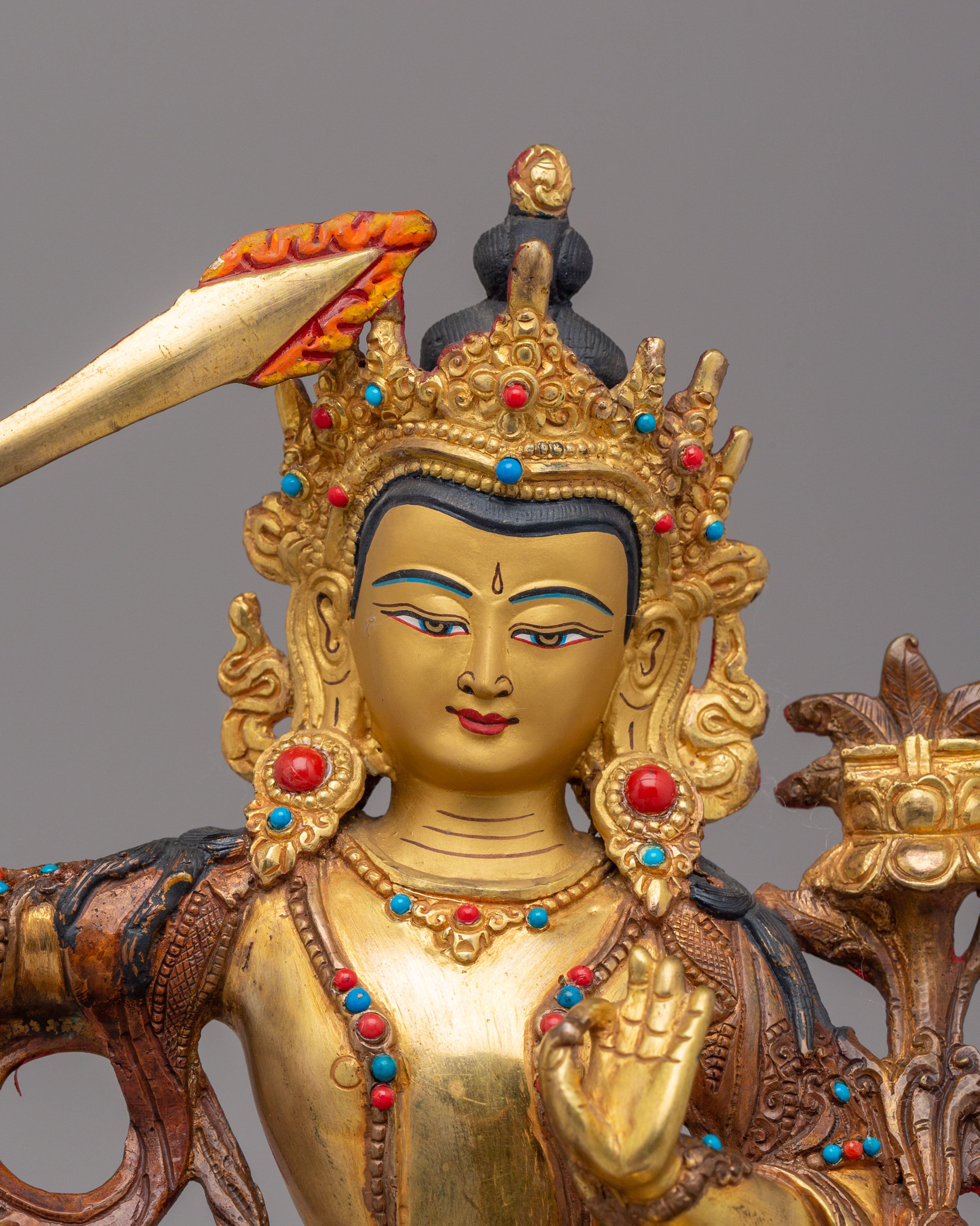 Manjushri Sacred Wisdom Deity Statue | Gold Plated Copper Figurine