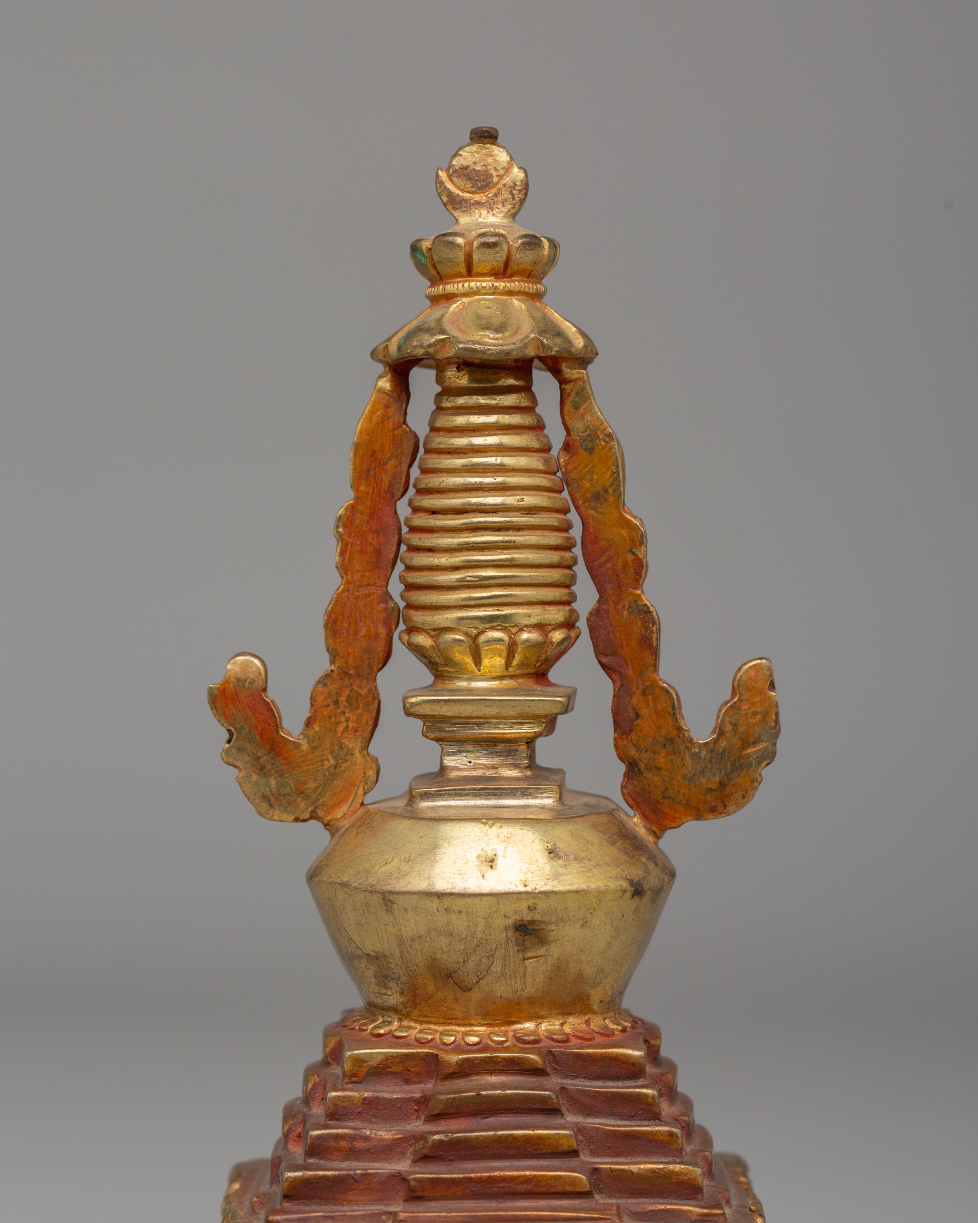 Handmade Descent from Heaven Stupa | Gold Plated Tibetan Stupa for Meditation