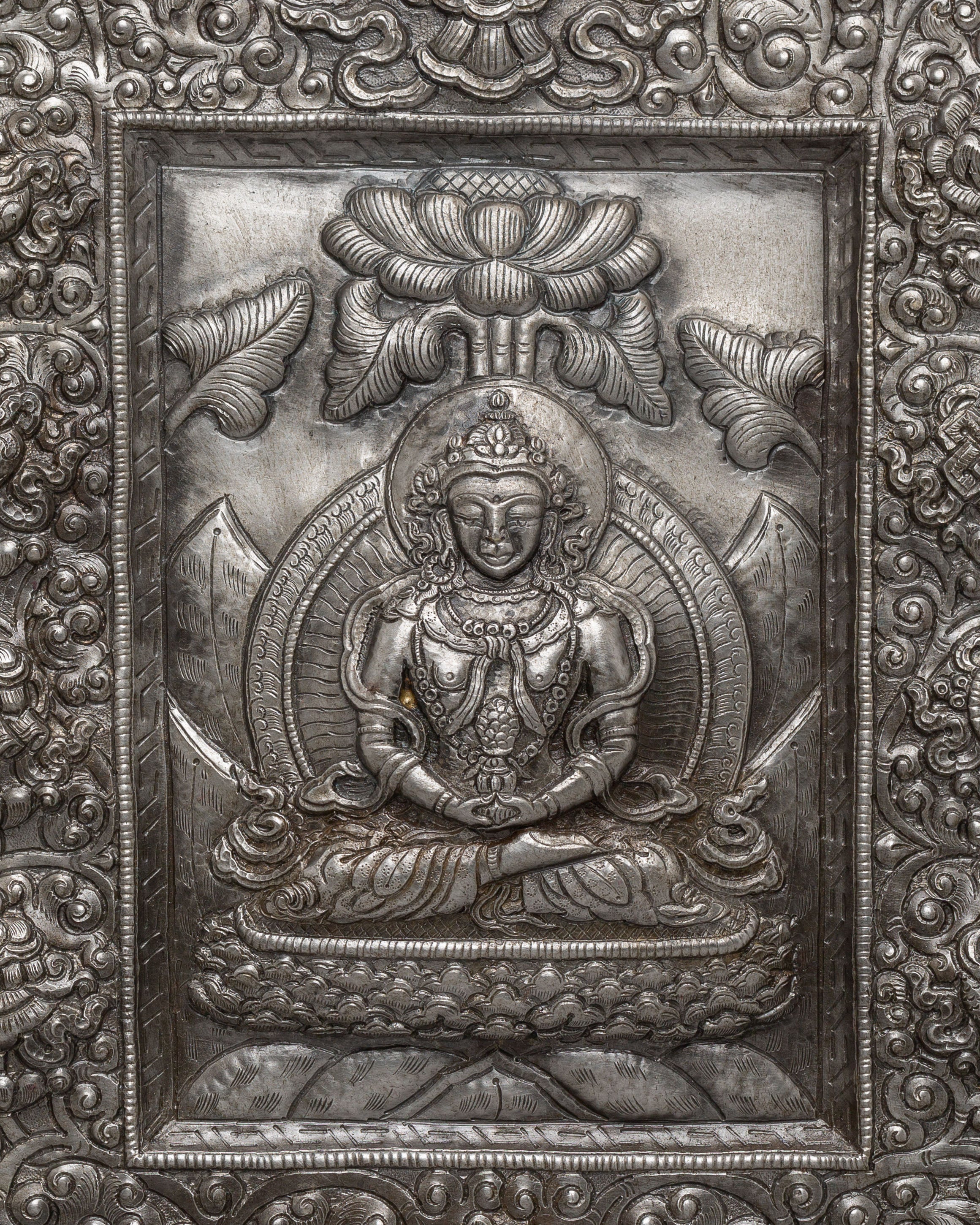 Amitayus Wall Hanging | Metal Thangka with Auspicious Symbols