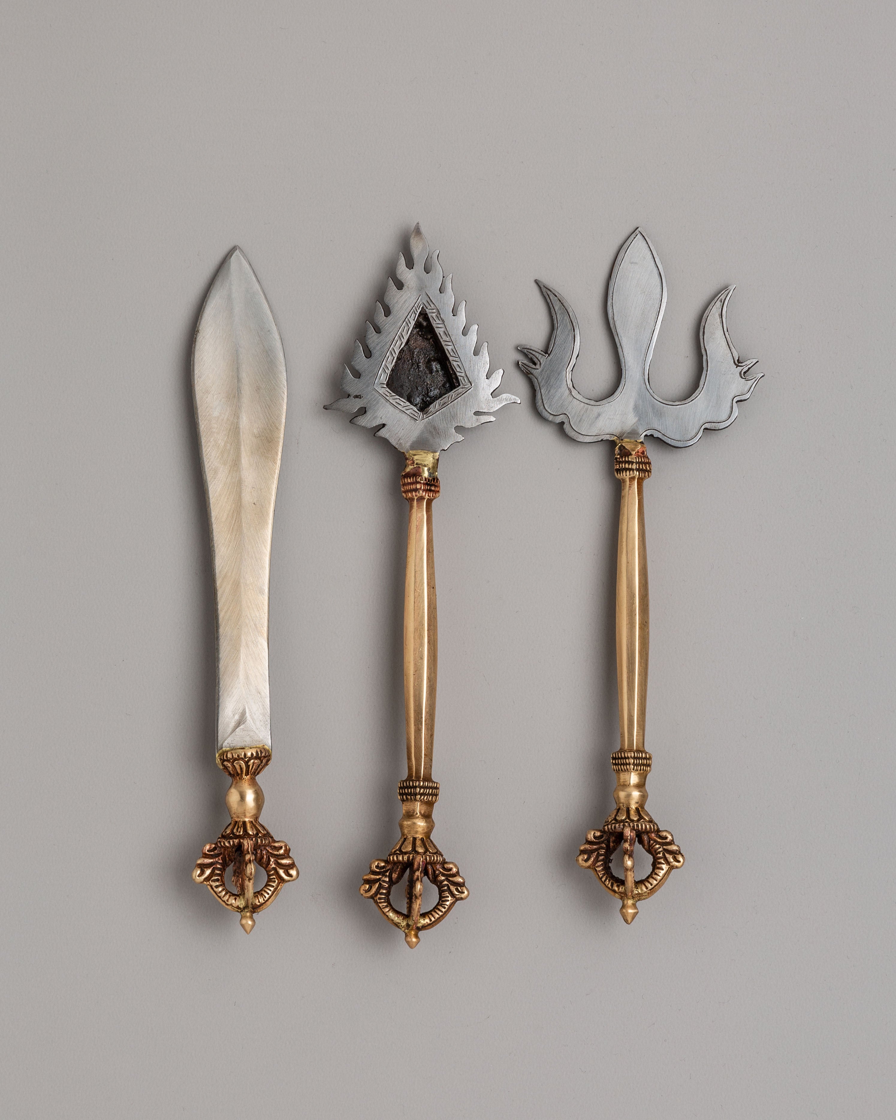 Traditional Tibetan Ritual Item Set | Silver Polished Copper & Oxidized Copper Ritual Items