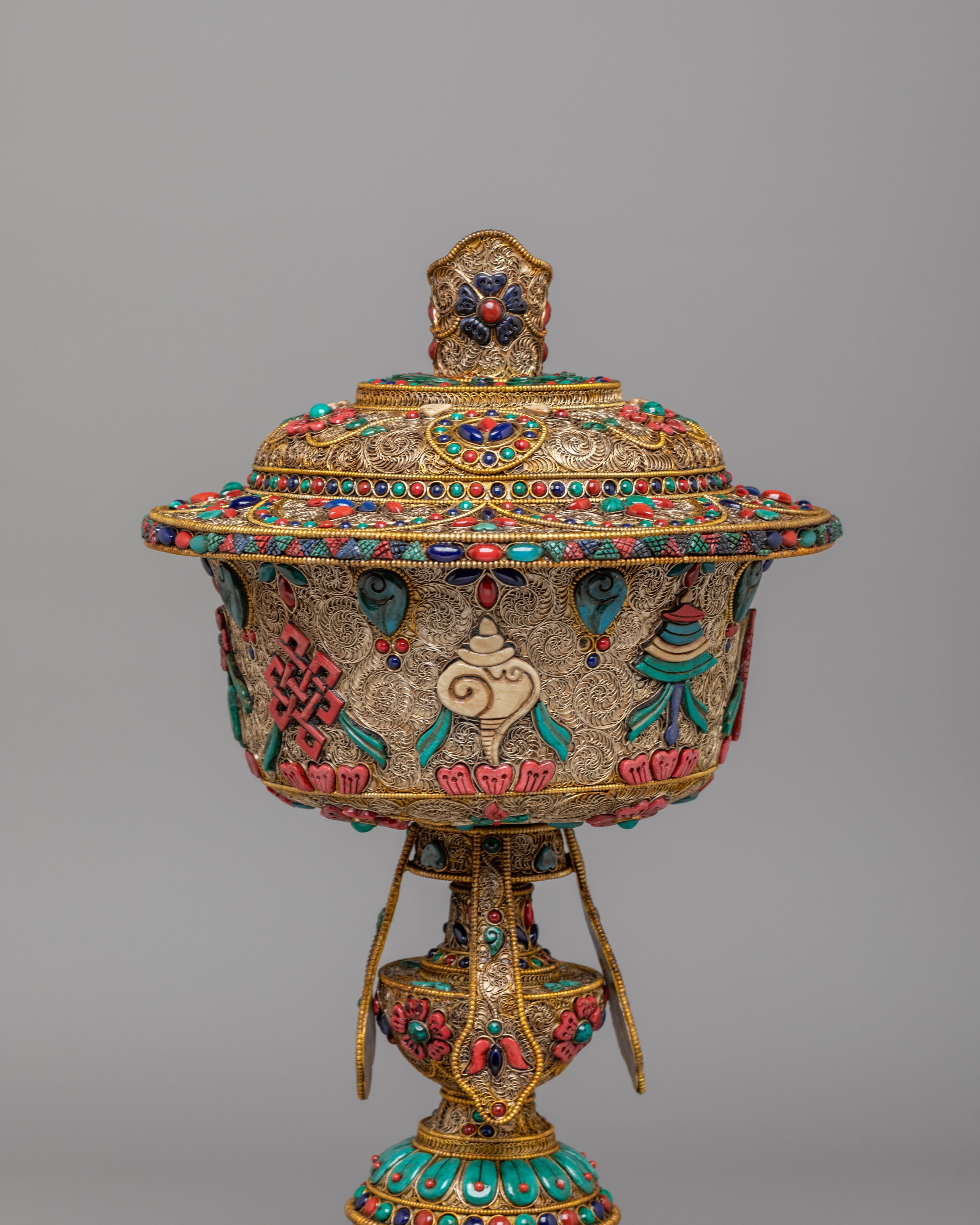 Buddhist Altar Butter Lamp Set | Gemstone Inlaid Copper Offering Lamps