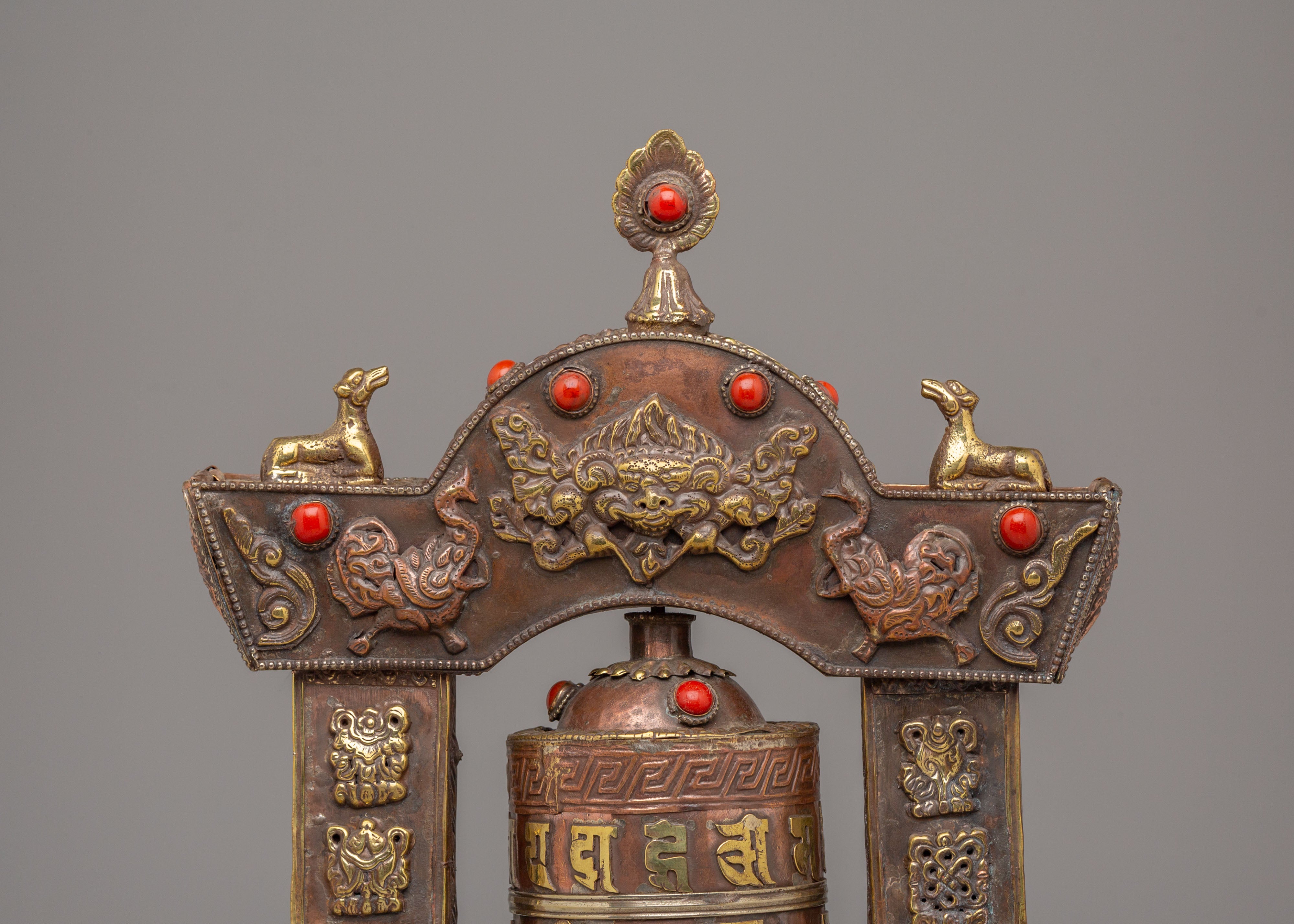 Traditional Mantra Prayer Wheel | Tibetan Copper Body with Gemstones