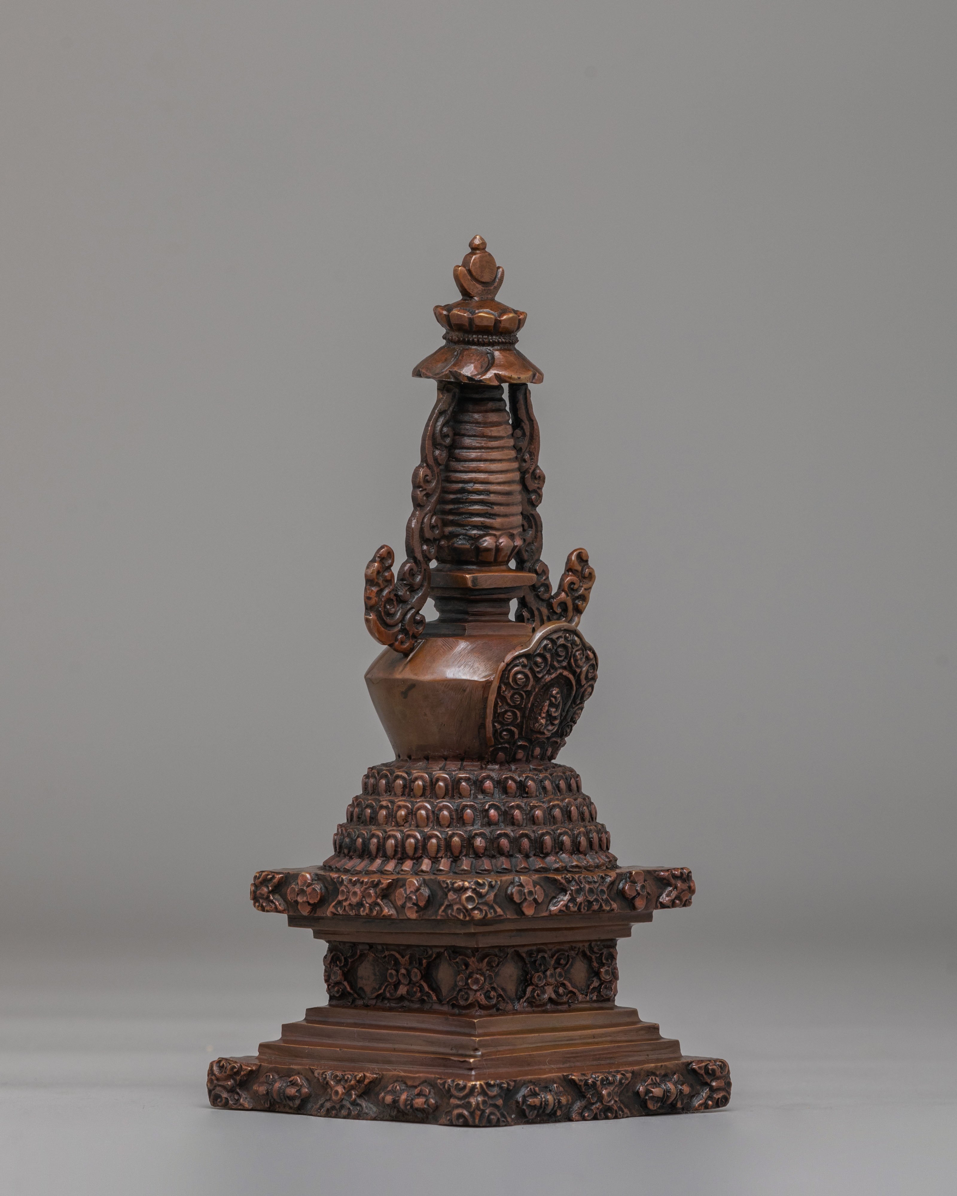 Traditional Lotus Blossom Stupa | Handcrafted Oxidized Copper Sacred Decor