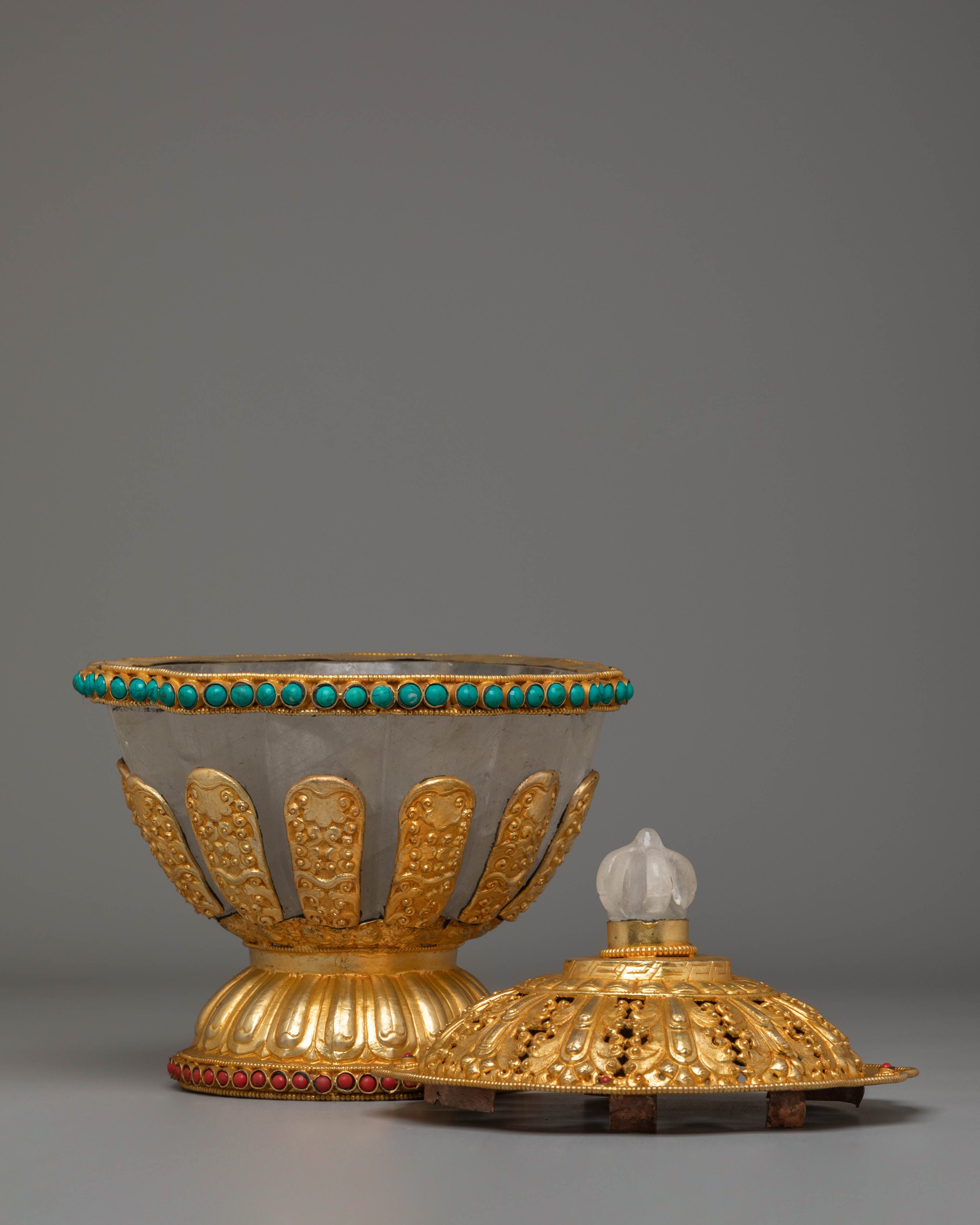 Spiritual Buddhist Dhupur Rice Pot | Gold-Plated Copper with Coral & Turquoise