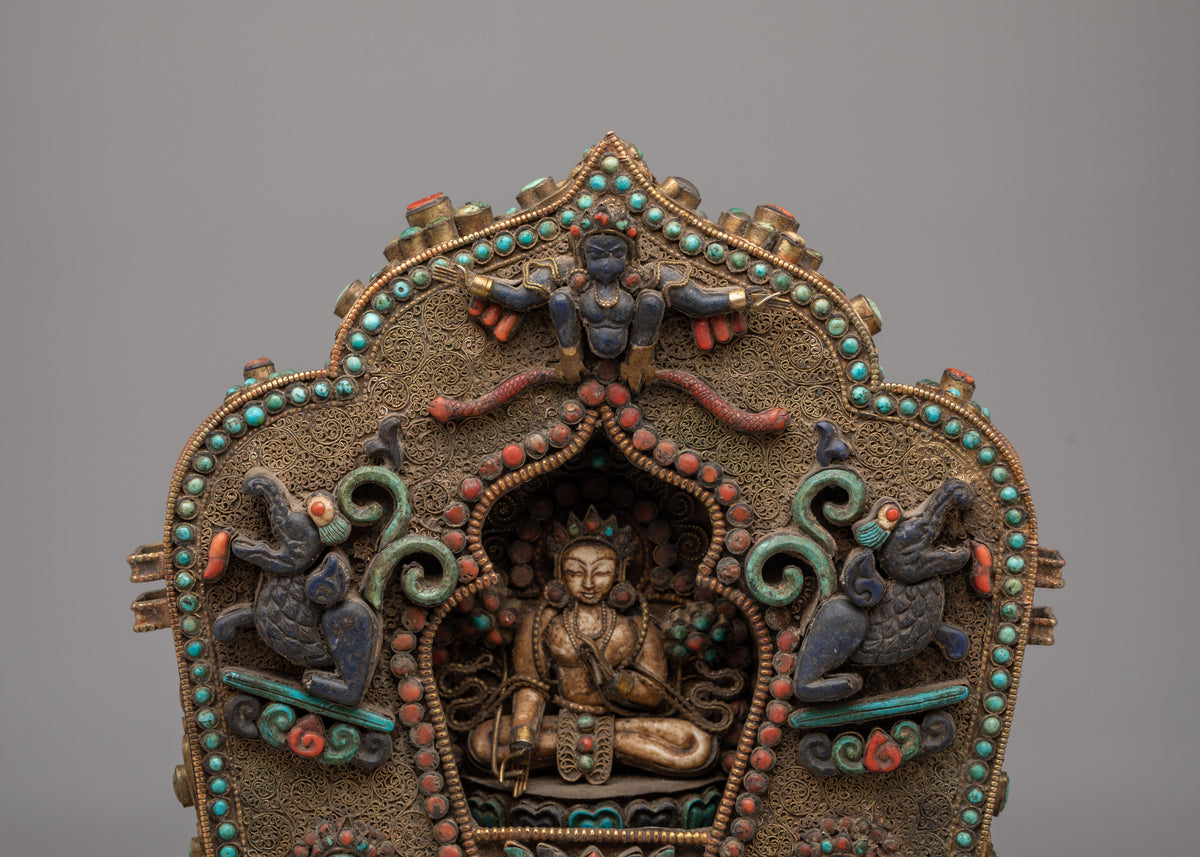 Handcrafted Ghau Box with Deity | Copper Ritual Box with Gemstones
