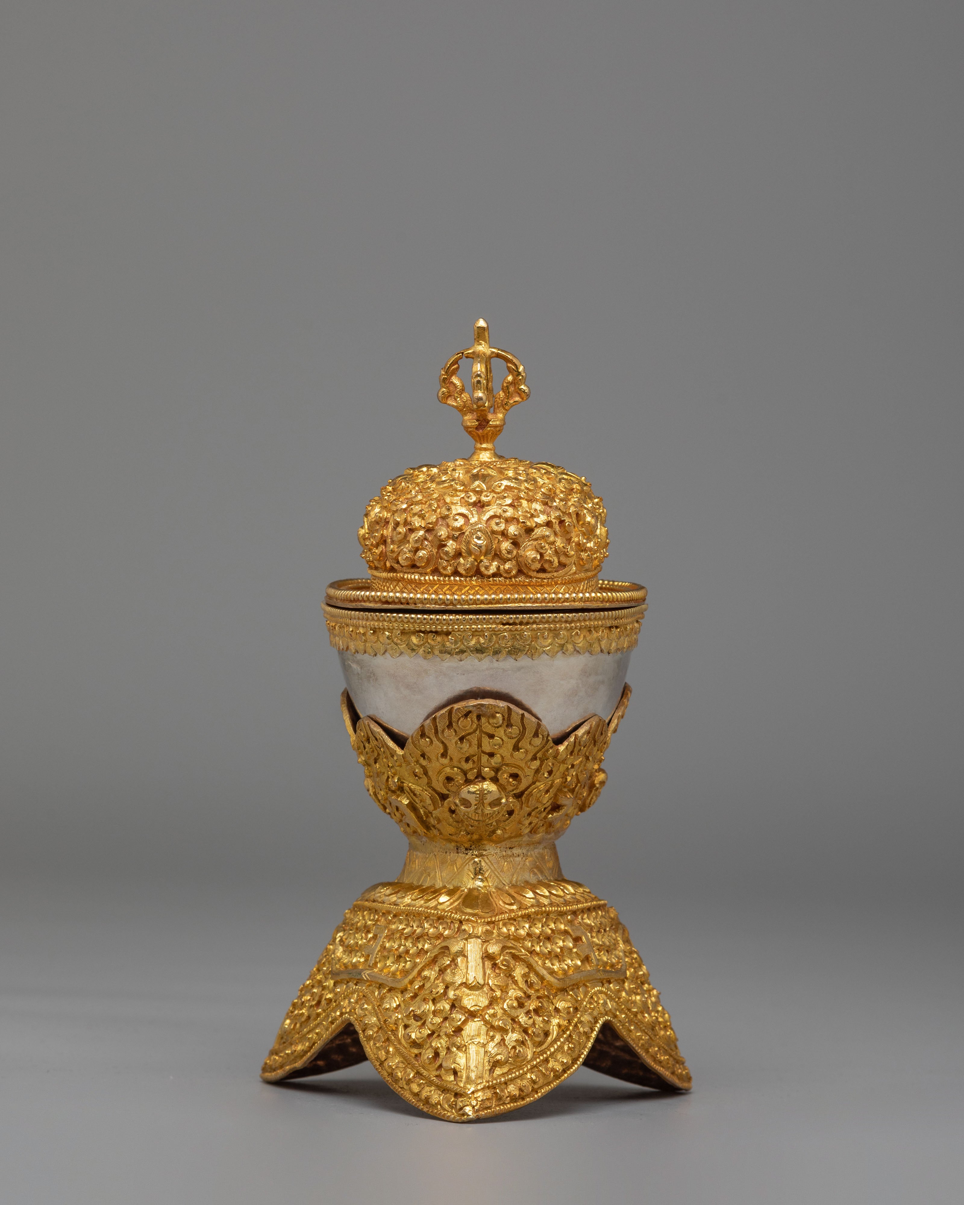 Spiritual Handcrafted Ritual Kapala Set | Gold & Silver Plated Tibetan Vessels