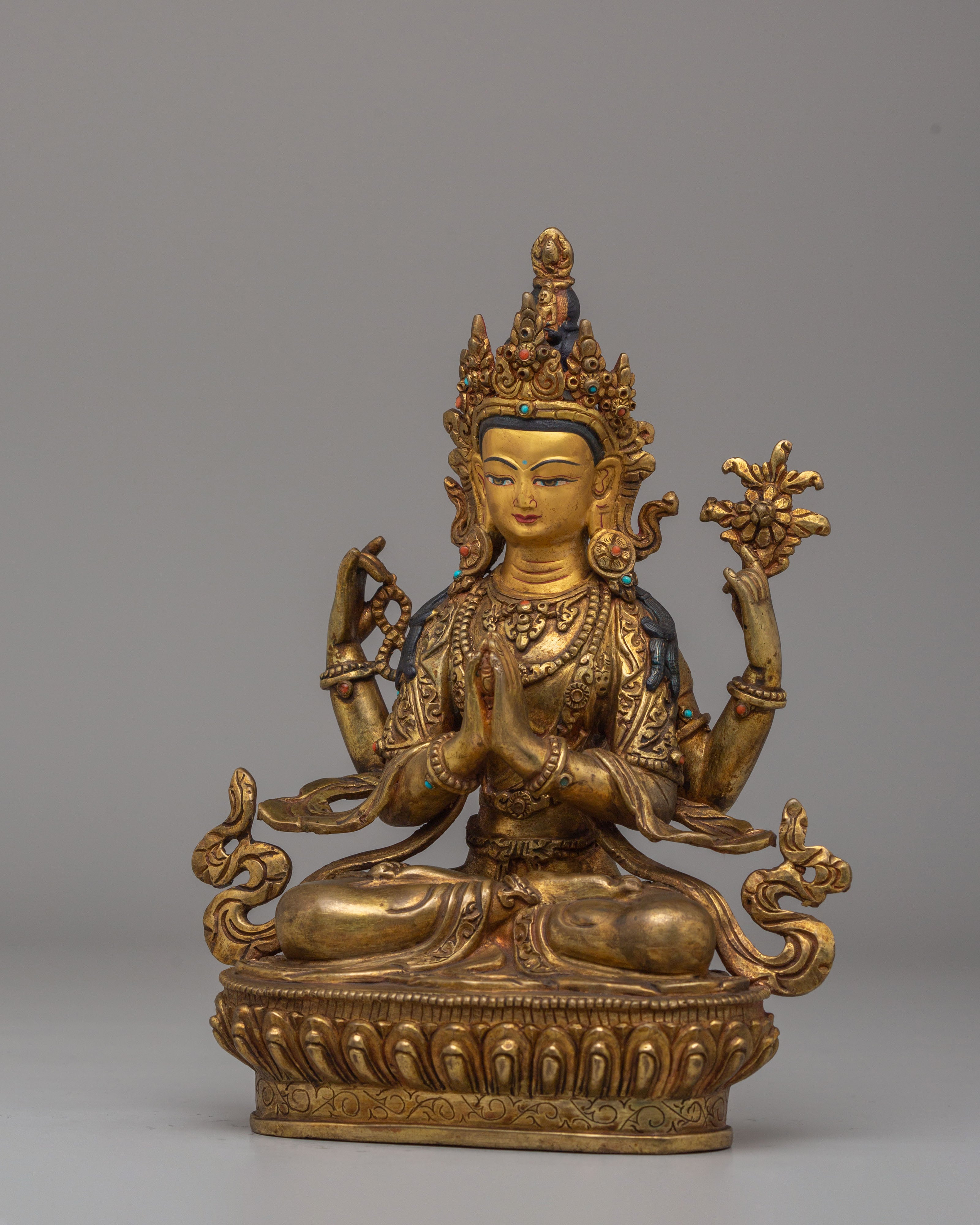 Bodhisattva Chenrezig Deity Statue | 24K Gold Plated Buddhist Sculpture