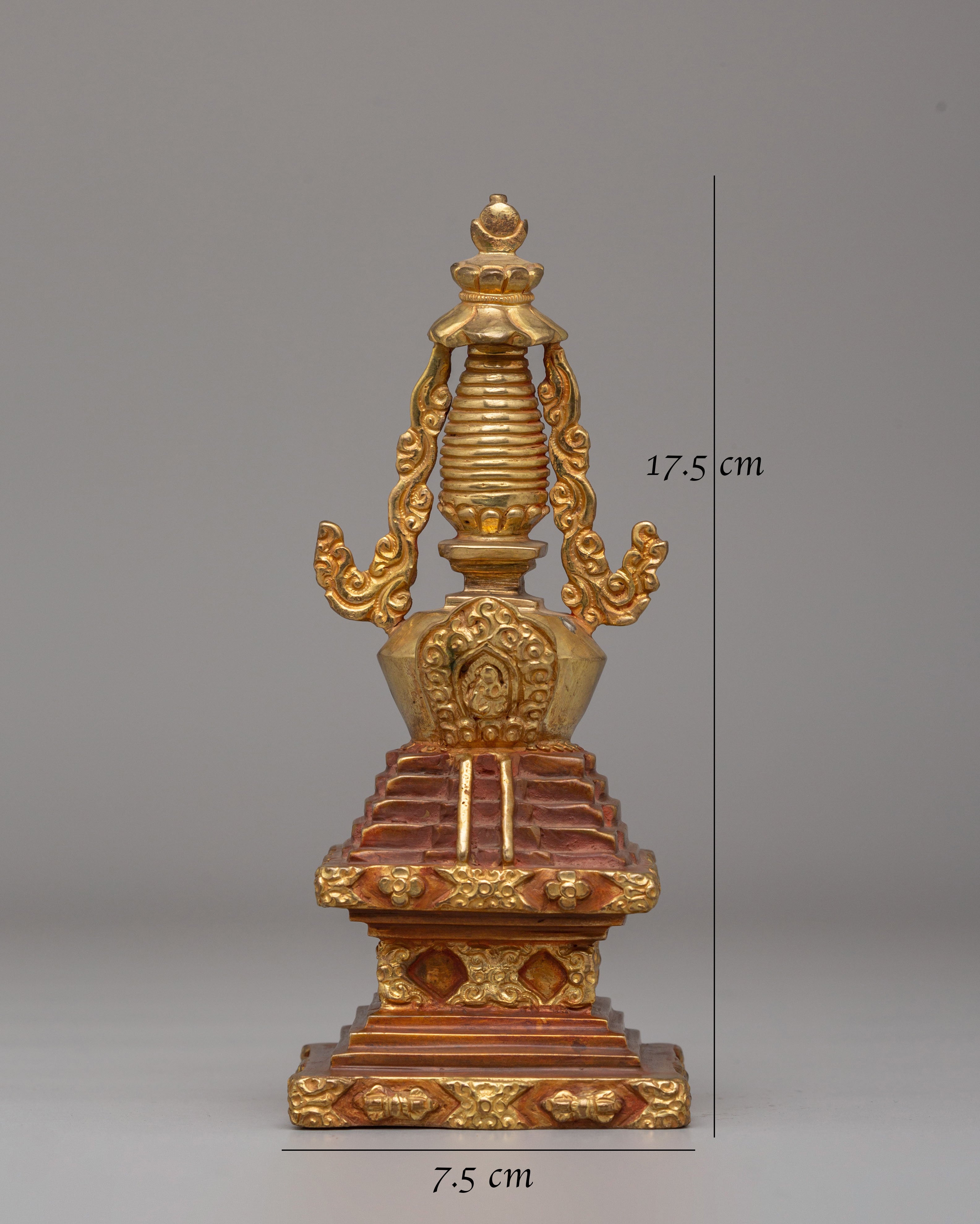 Handmade Descent from Heaven Stupa | Gold Plated Tibetan Stupa for Meditation