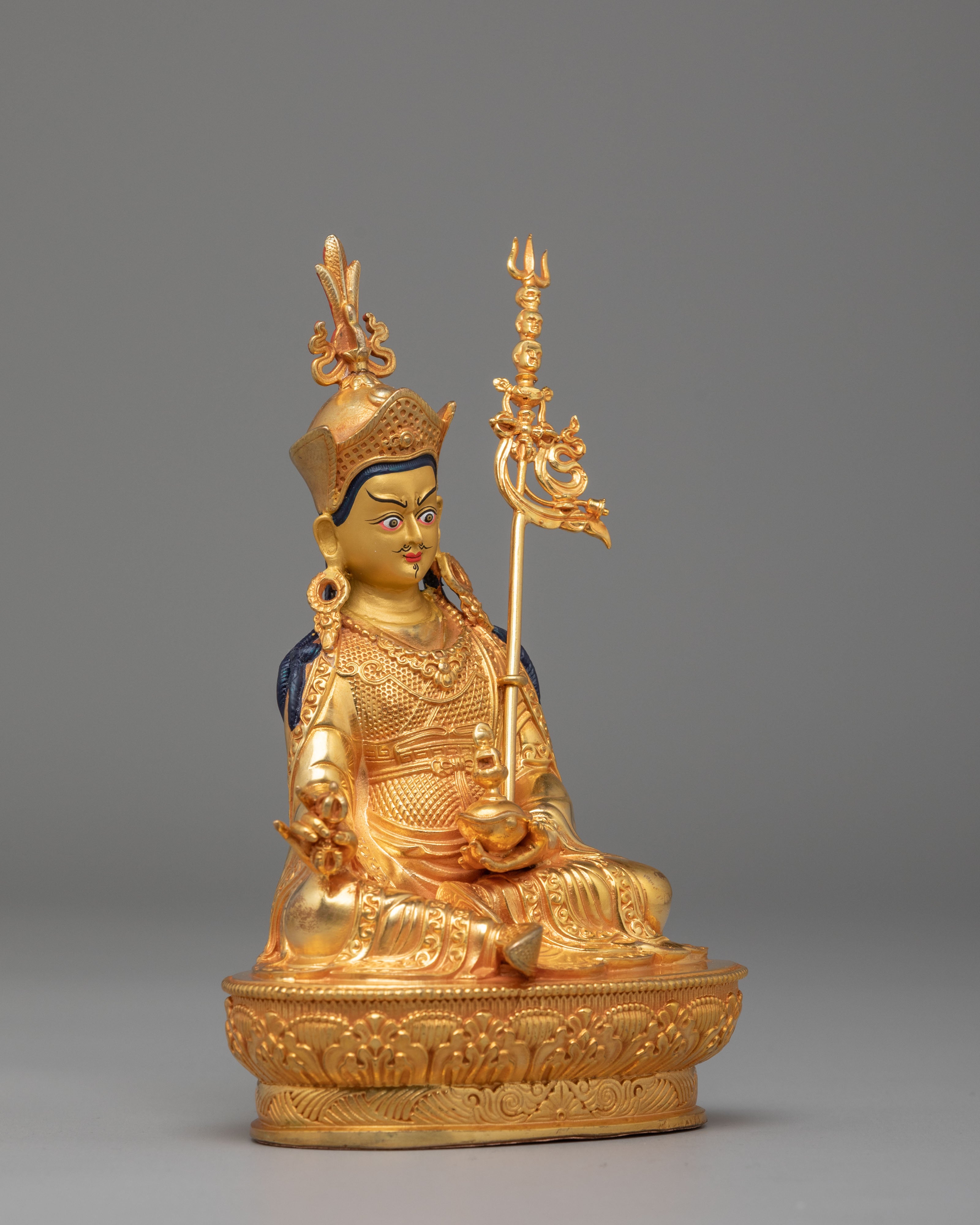 Machine Made Padmasambhava Statue | 24K Gold Plated Copper Buddhist Sculpture