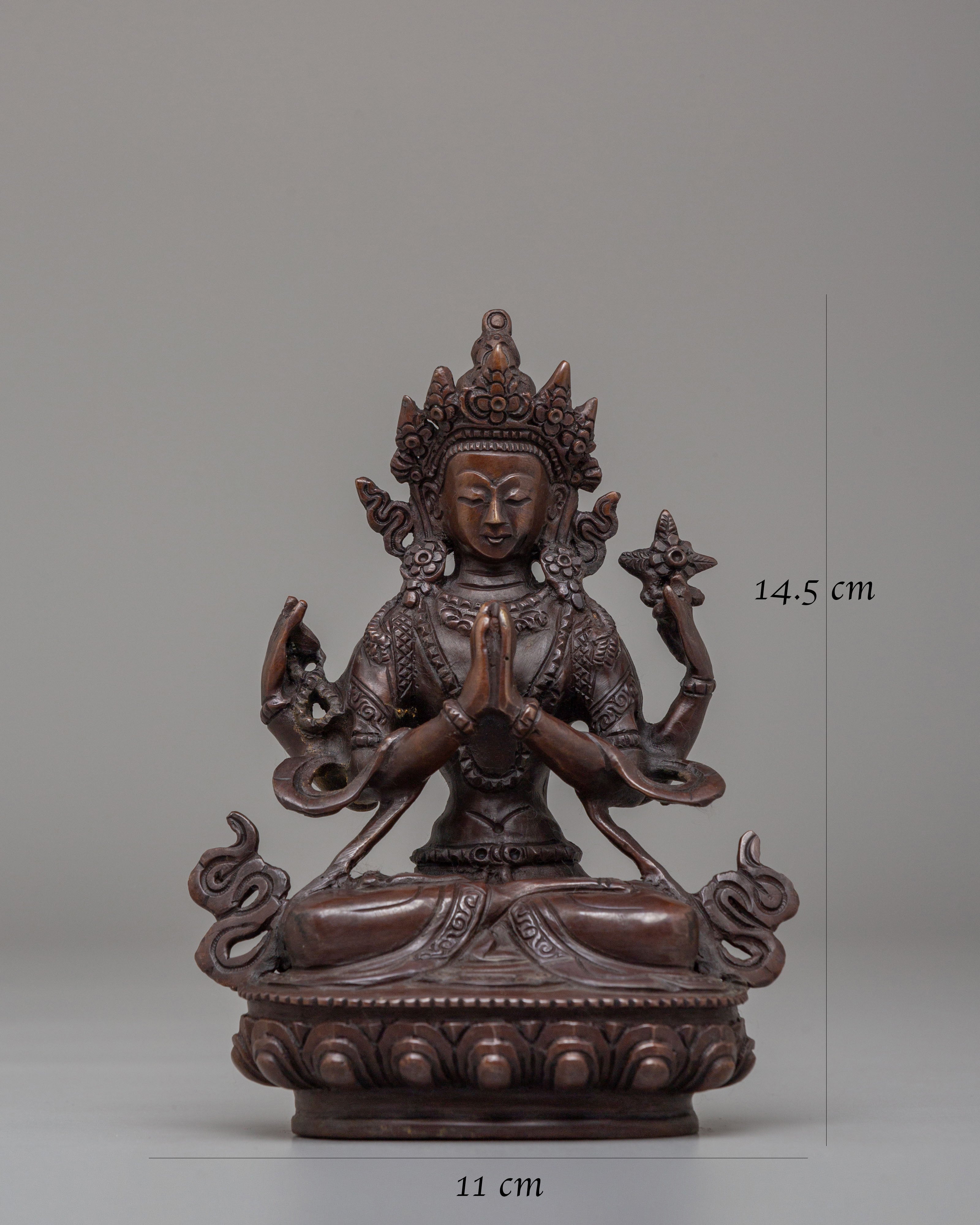 Handmade Chenrezig Altar Statue | Oxidized Copper Avalokiteshvara Sculpture