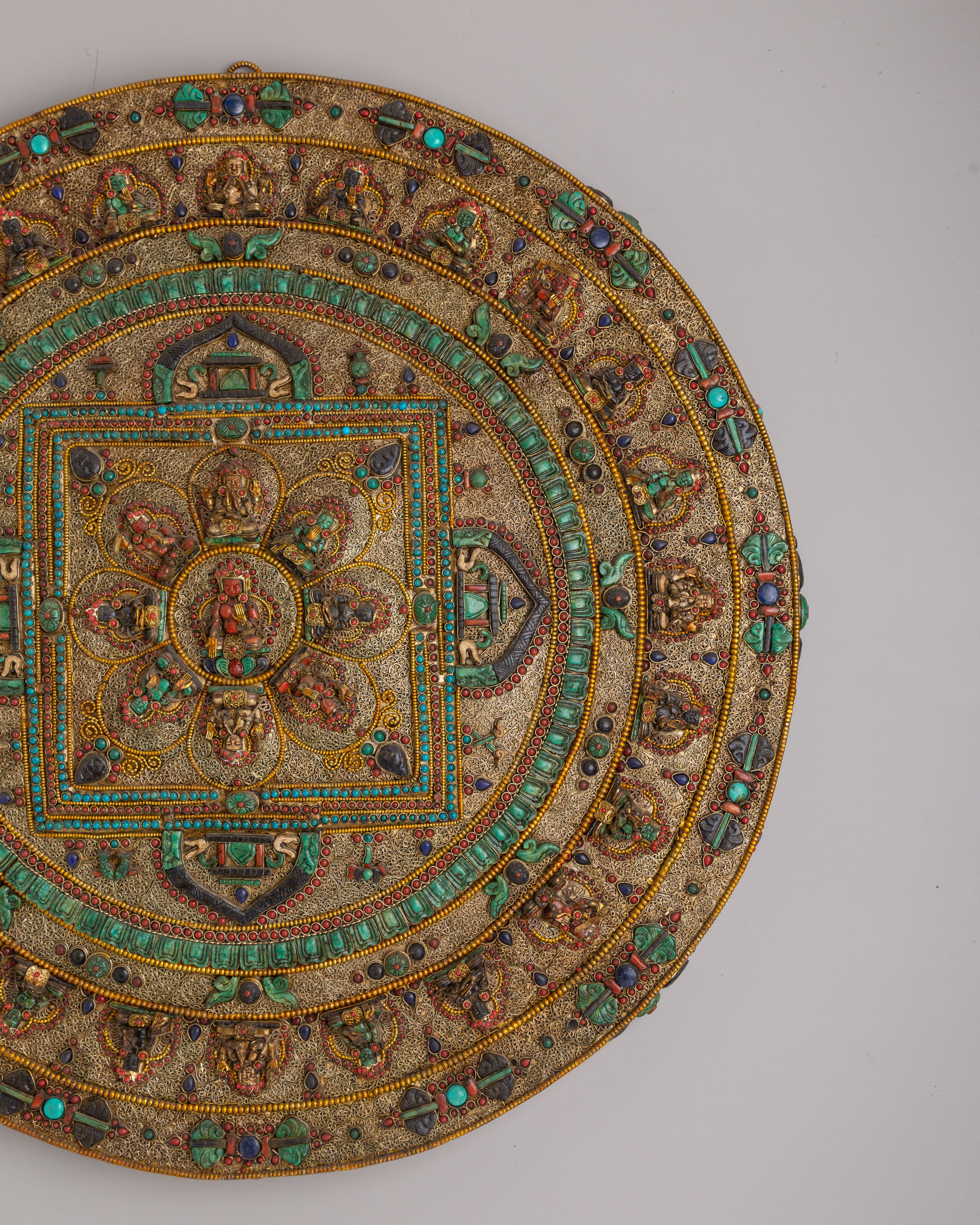 Mandala Wall Hanging with Deities | Silver Plated Gemstone Sacred Artwork