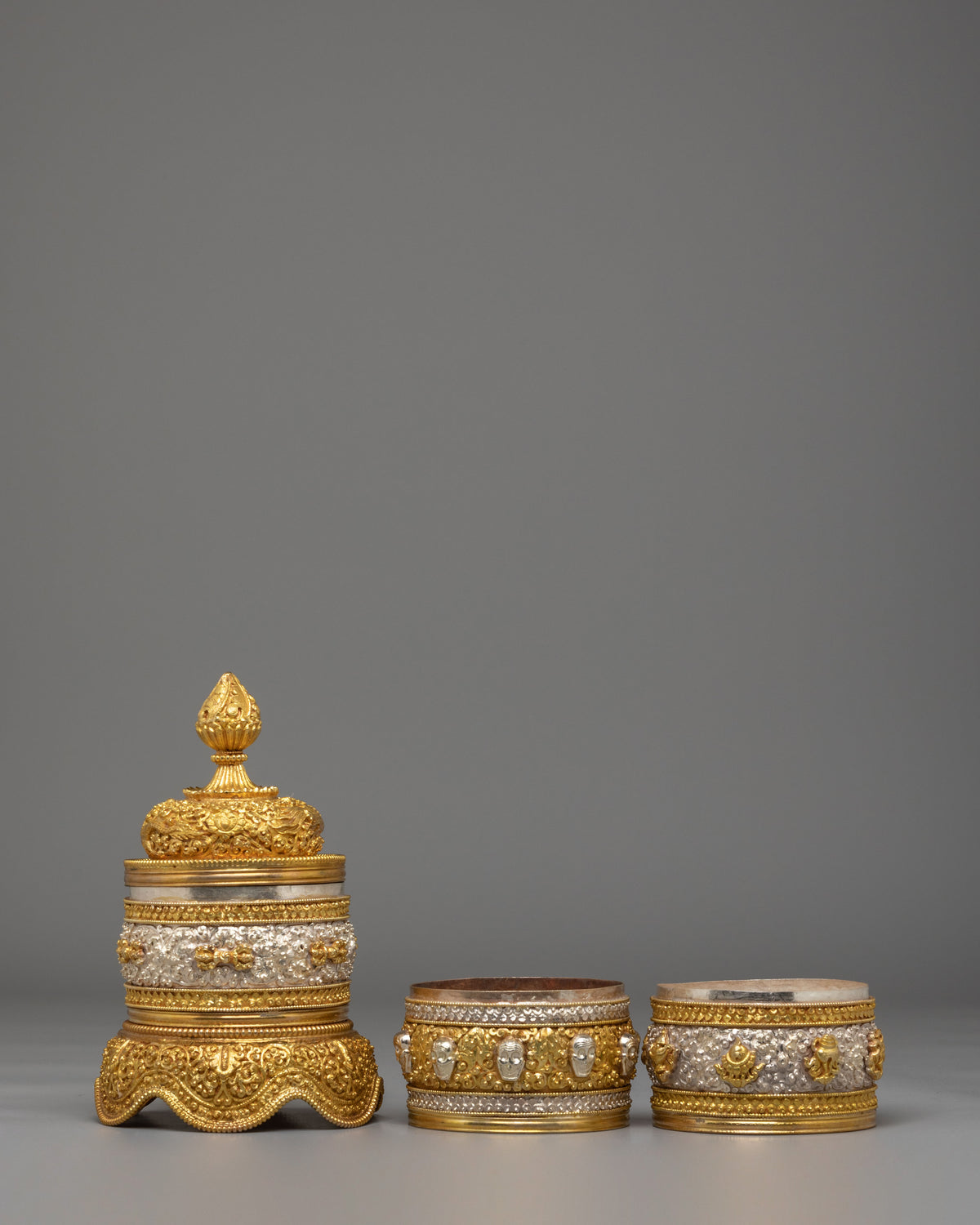Sacred Buddhist Rice Pot | Gold & Silver Plated Copper Ritual Offering Vessel