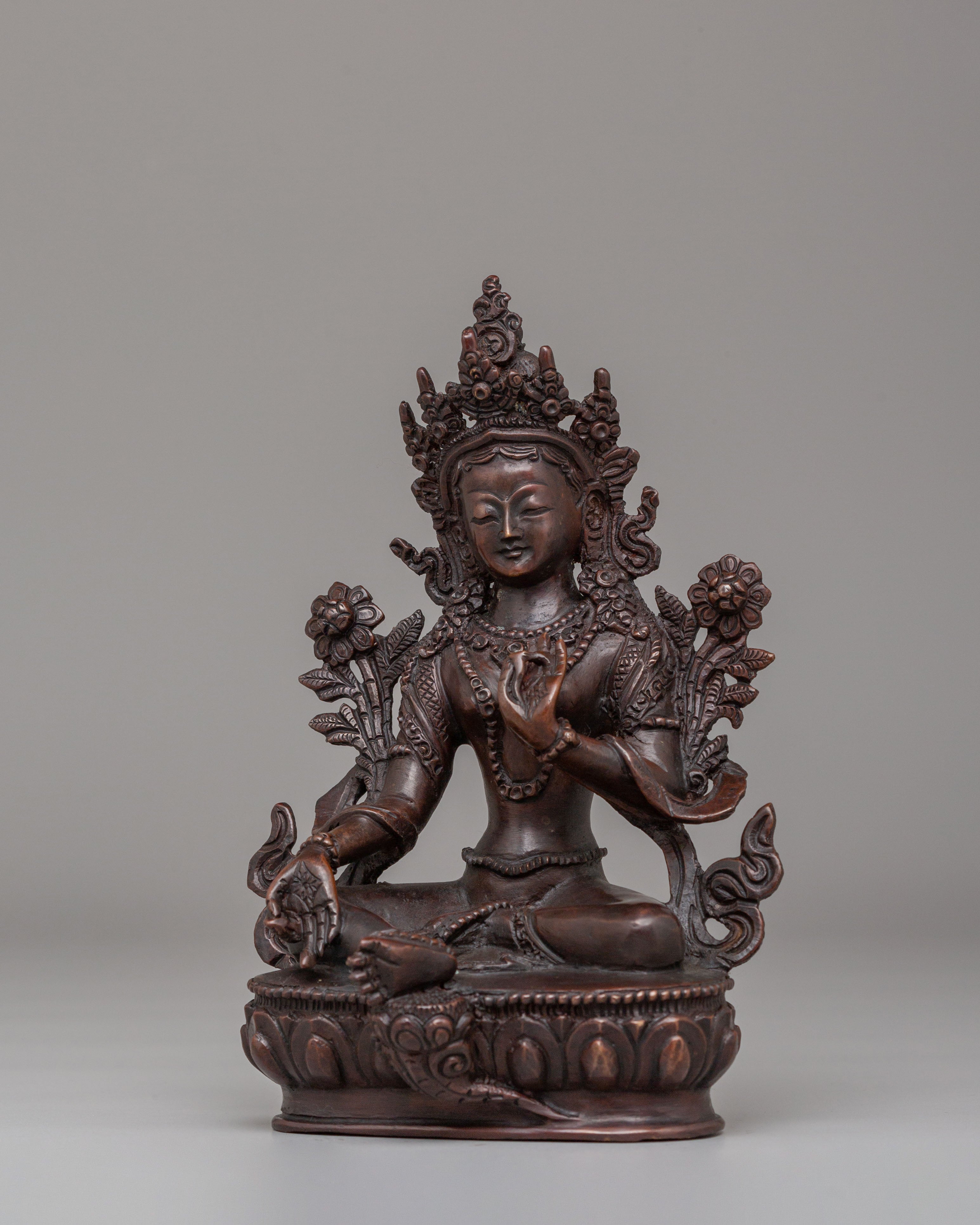 Sacred Green Tara Deity Statue | Handcrafted Oxidized Copper Figure