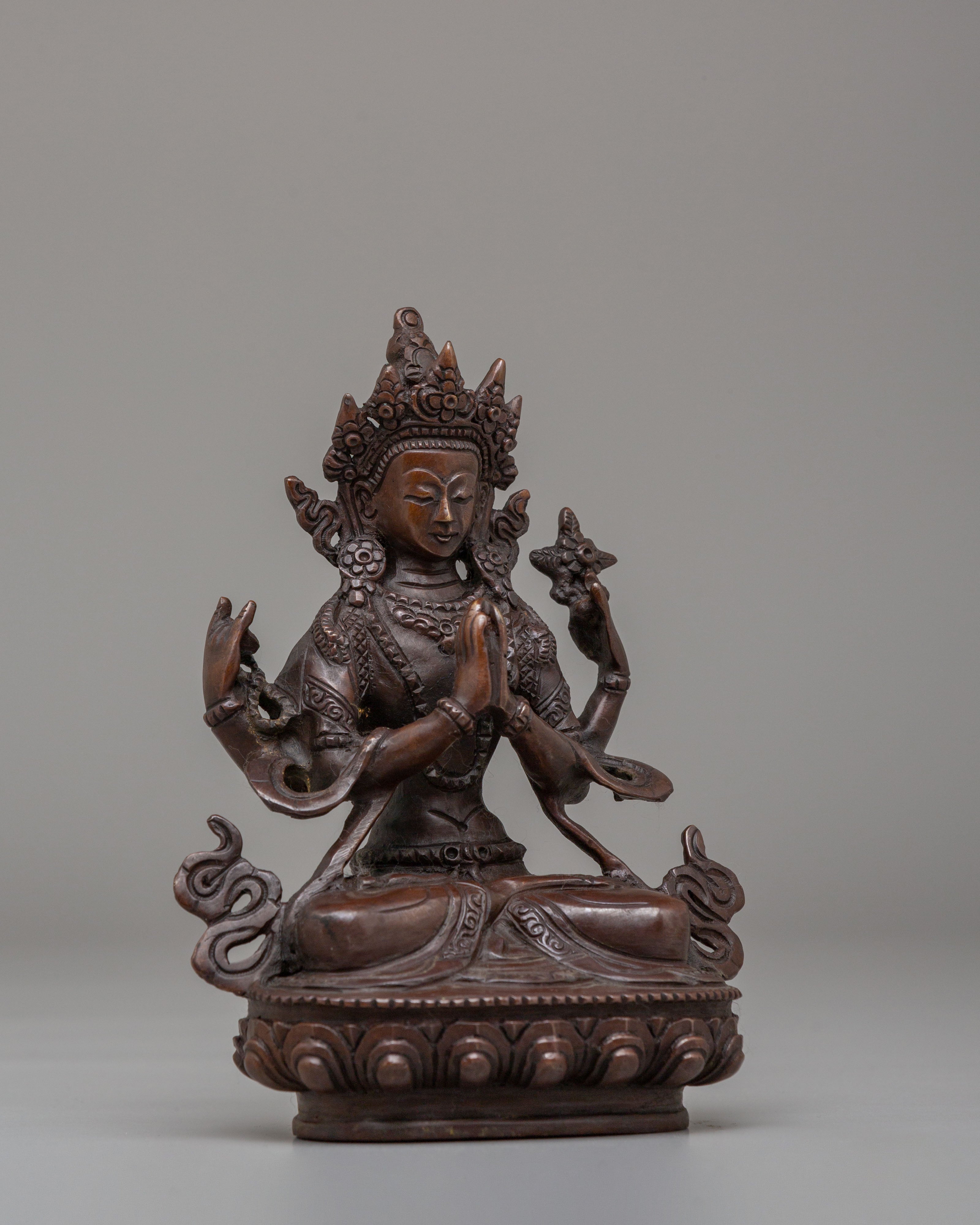 Handmade Chenrezig Altar Statue | Oxidized Copper Avalokiteshvara Sculpture
