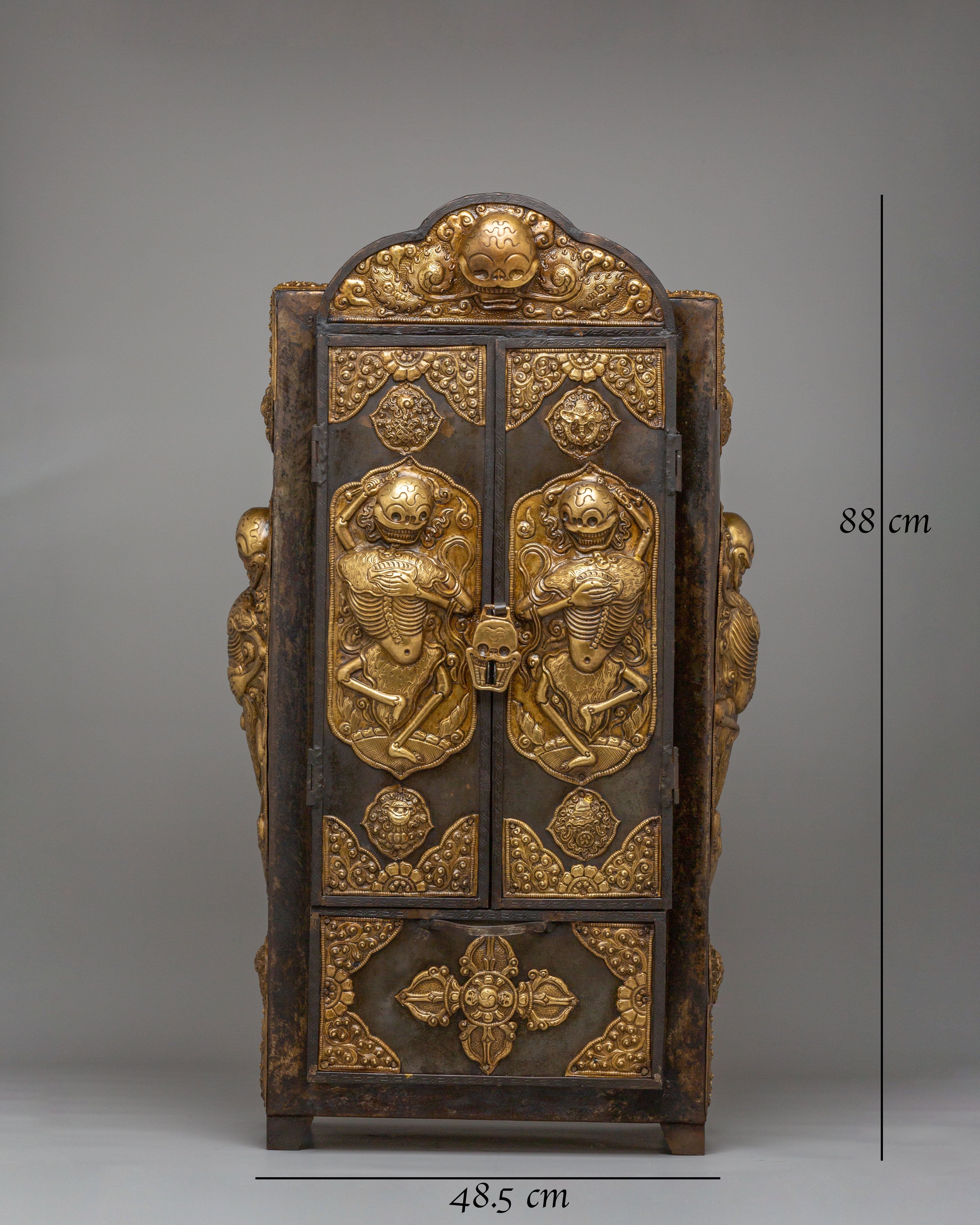 Buddhist Chitipati Altar Box | Brass and Iron Tibetan Ritual Cabinet
