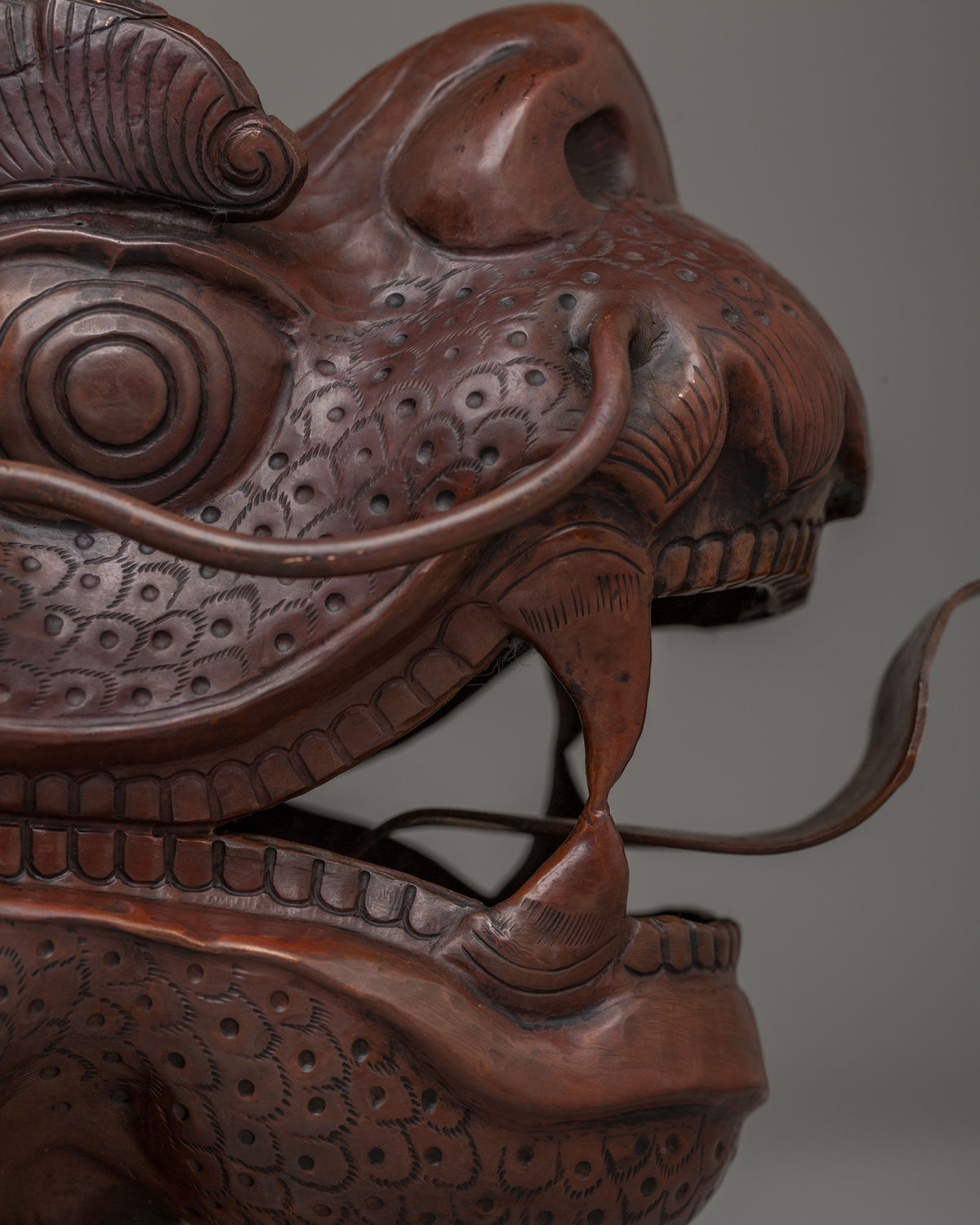 Carved Dragon Head Sculpture | Traditional Oxidized Copper Artwork