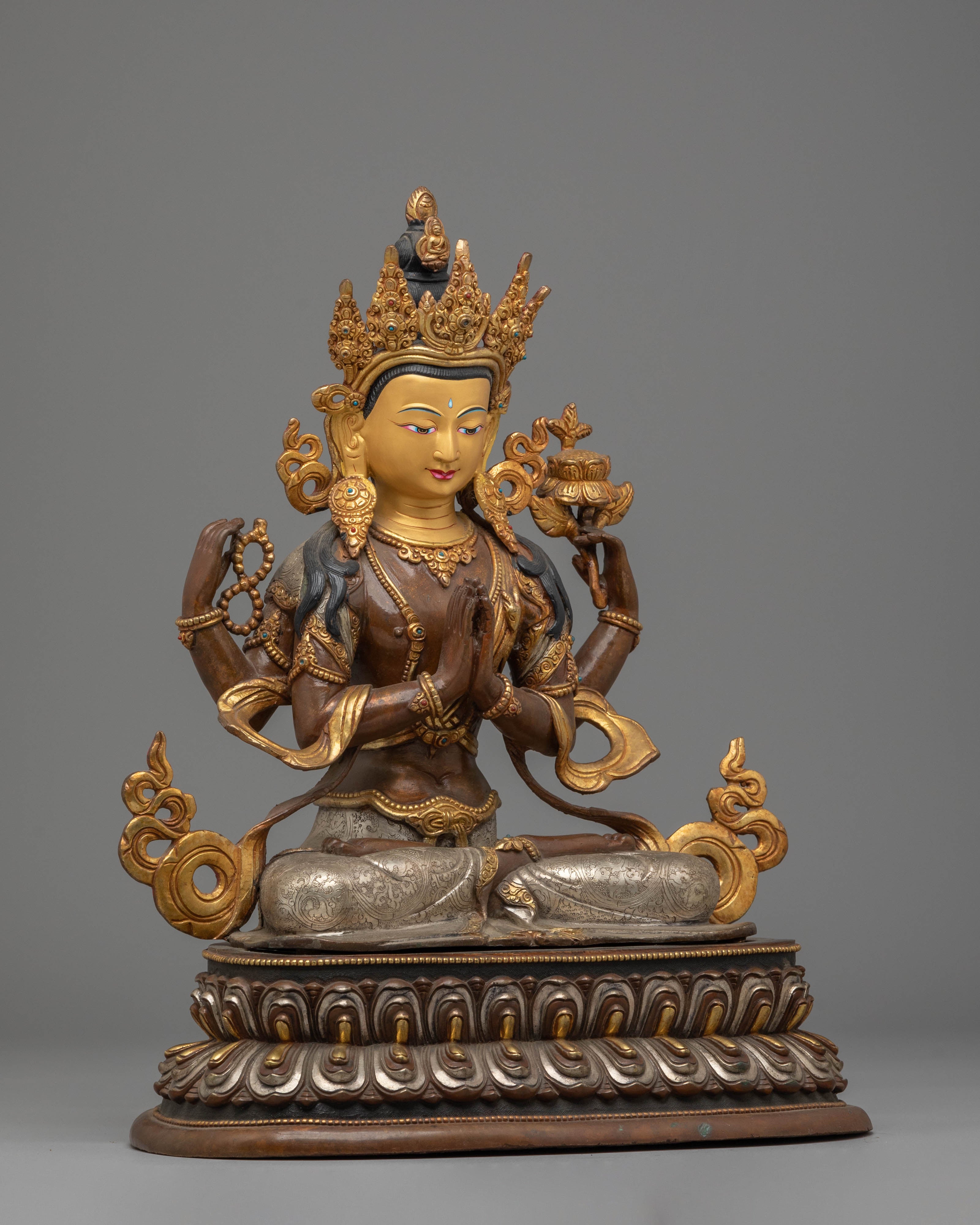 Handcrafted Copper Sculpture of Chenrezig with 24K Gold Gilding and Silver Plating