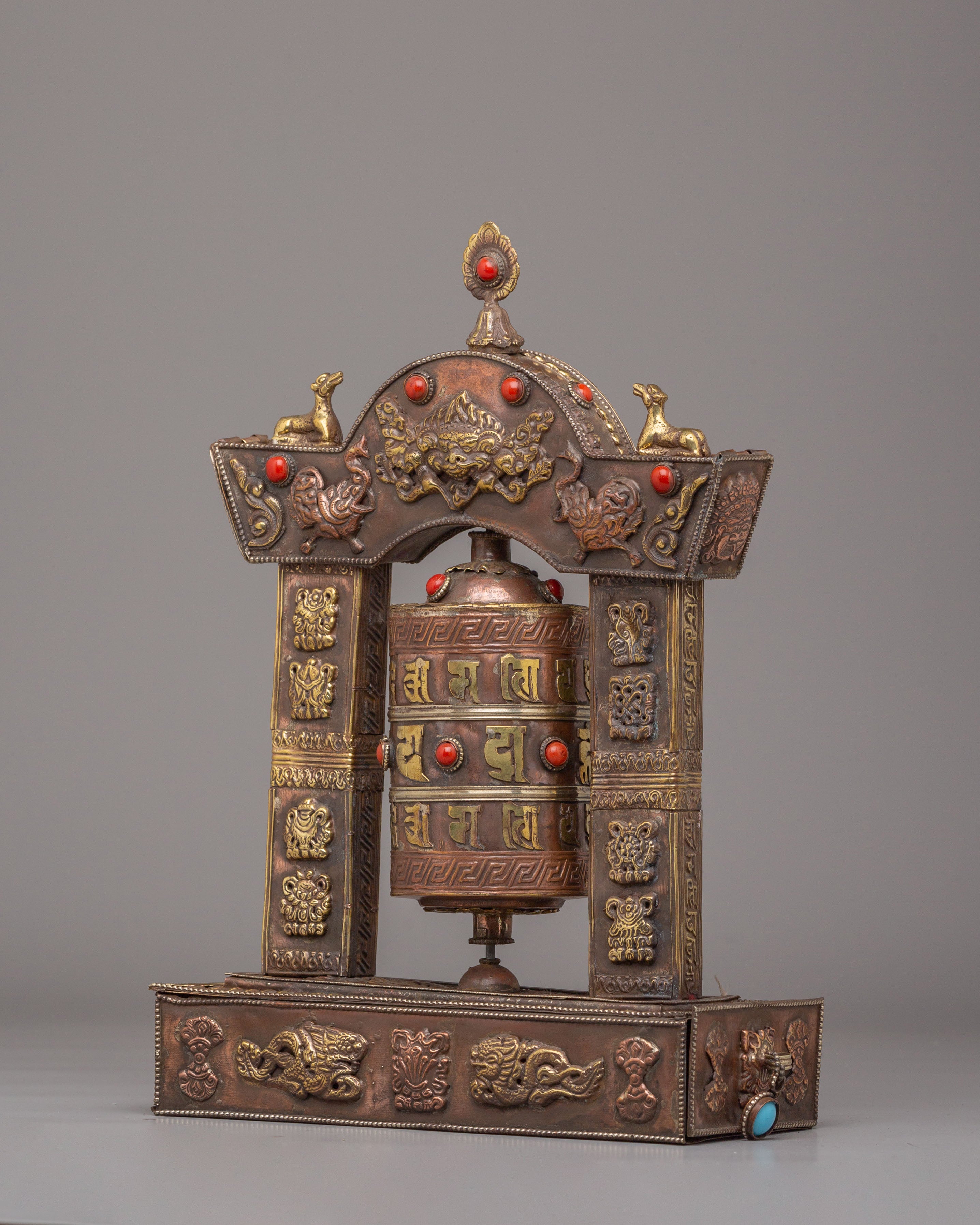 Traditional Mantra Prayer Wheel | Tibetan Copper Body with Gemstones