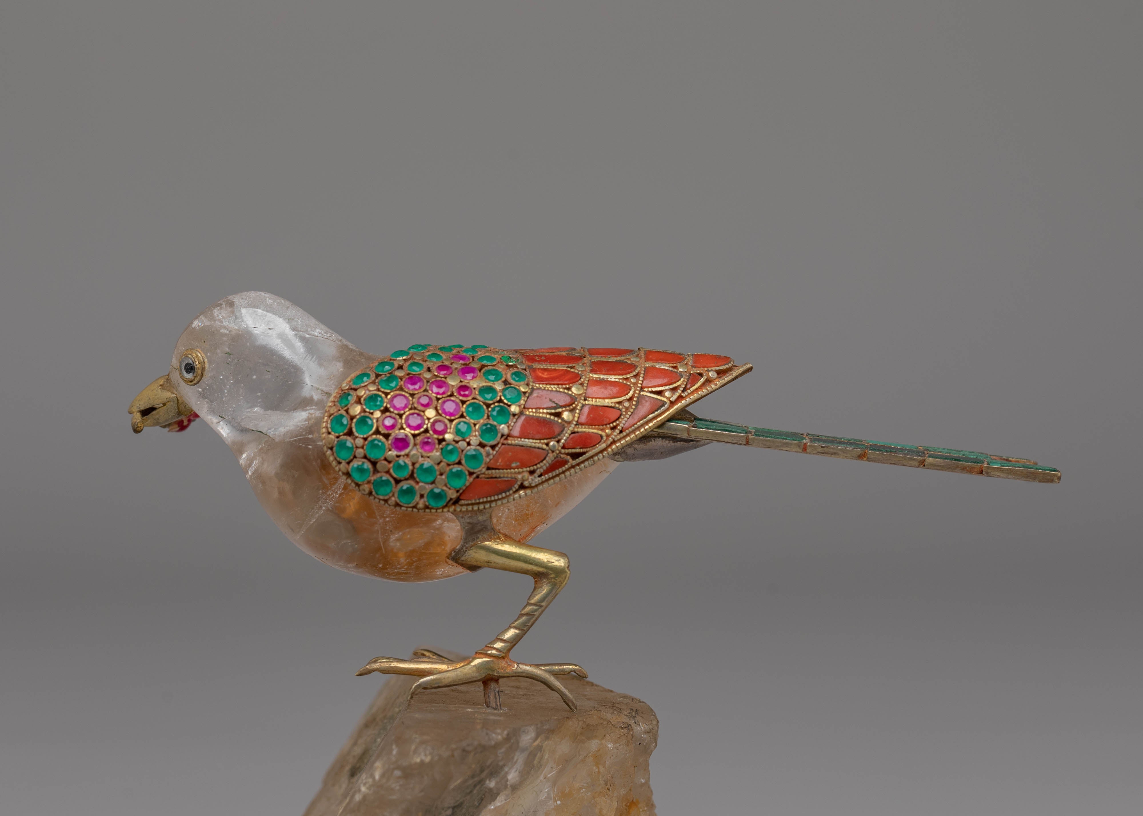 Handcrafted Bird Sculpture | Amethyst Crystal & Gold Plated Copper Decor