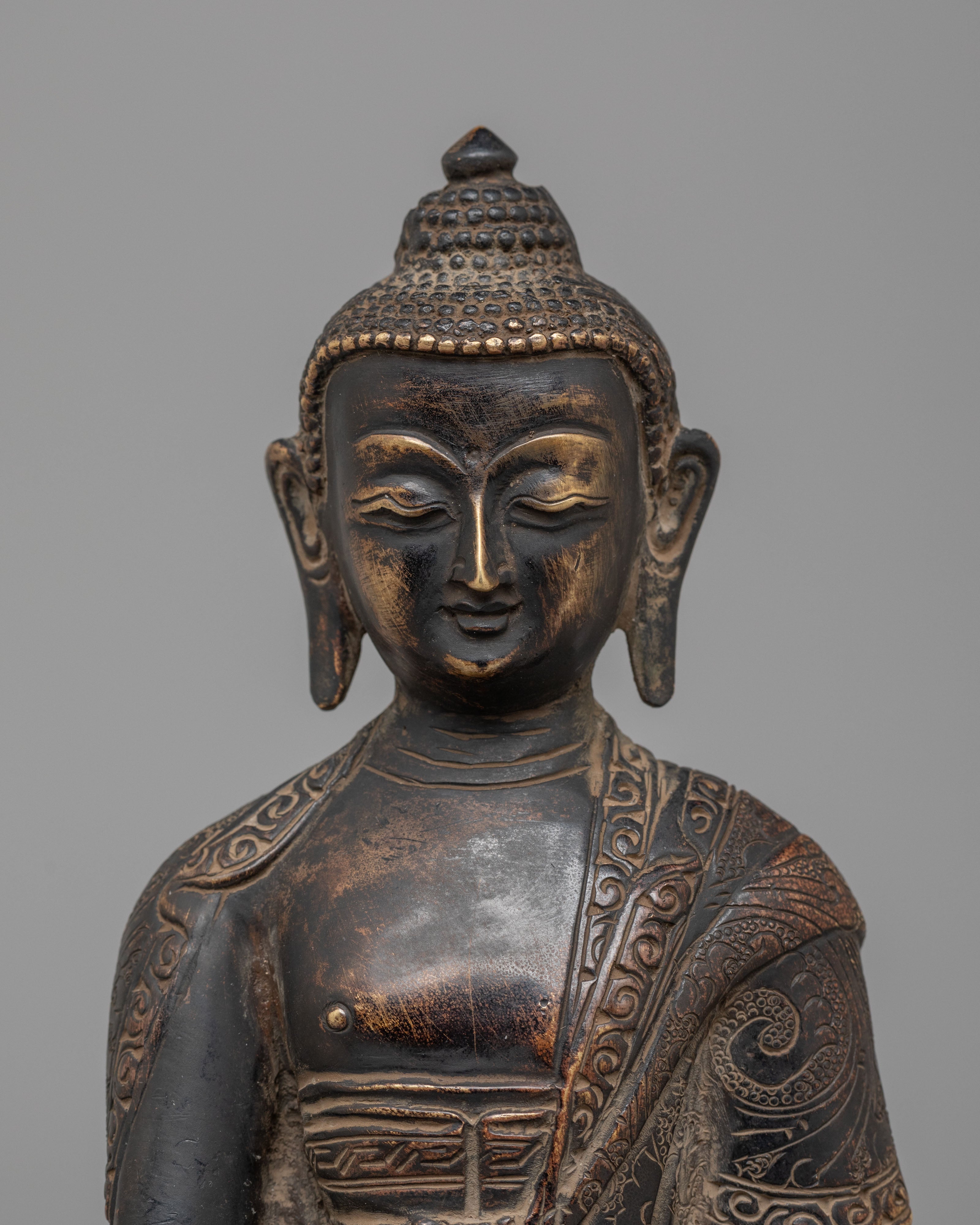 Tibetan Buddha Shakyamuni Sculpture | Oxidized Brass Buddha Figure