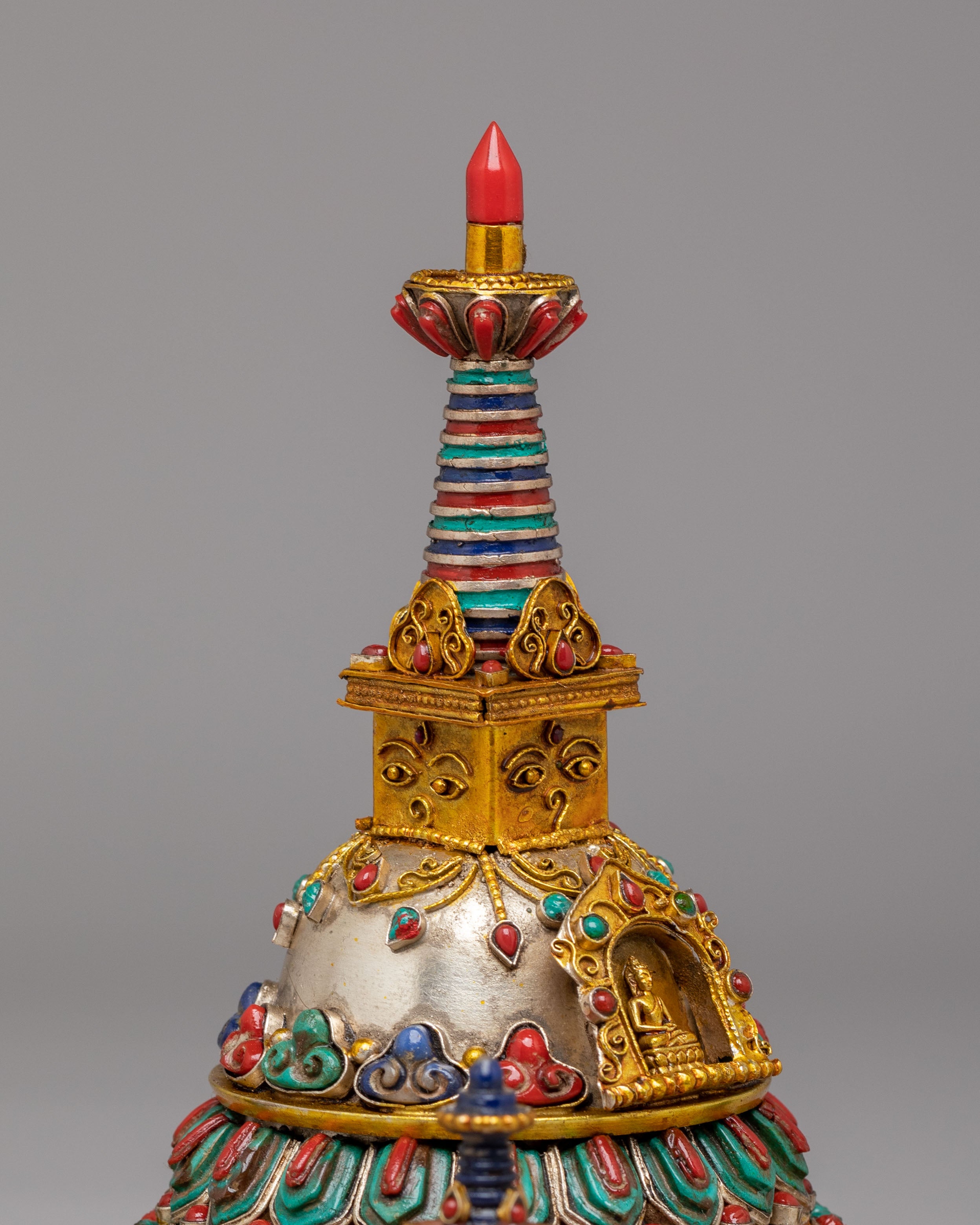 Sacred Tashi Gomang Copper Stupa | Gemstone Inlaid Buddhist Altar