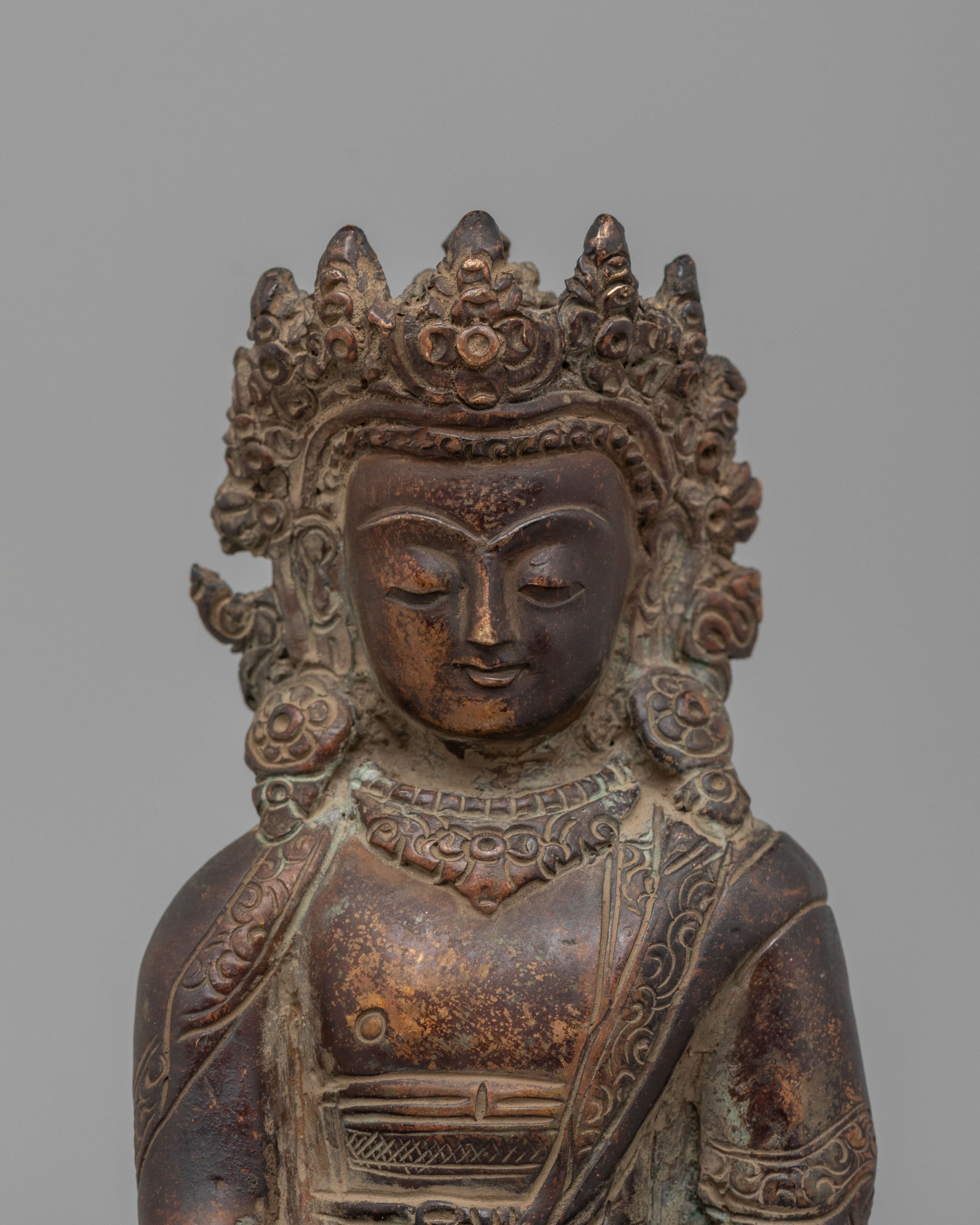 Handmade Crown Shakyamuni Buddha Statue | Oxidized Brass Crowned Buddha
