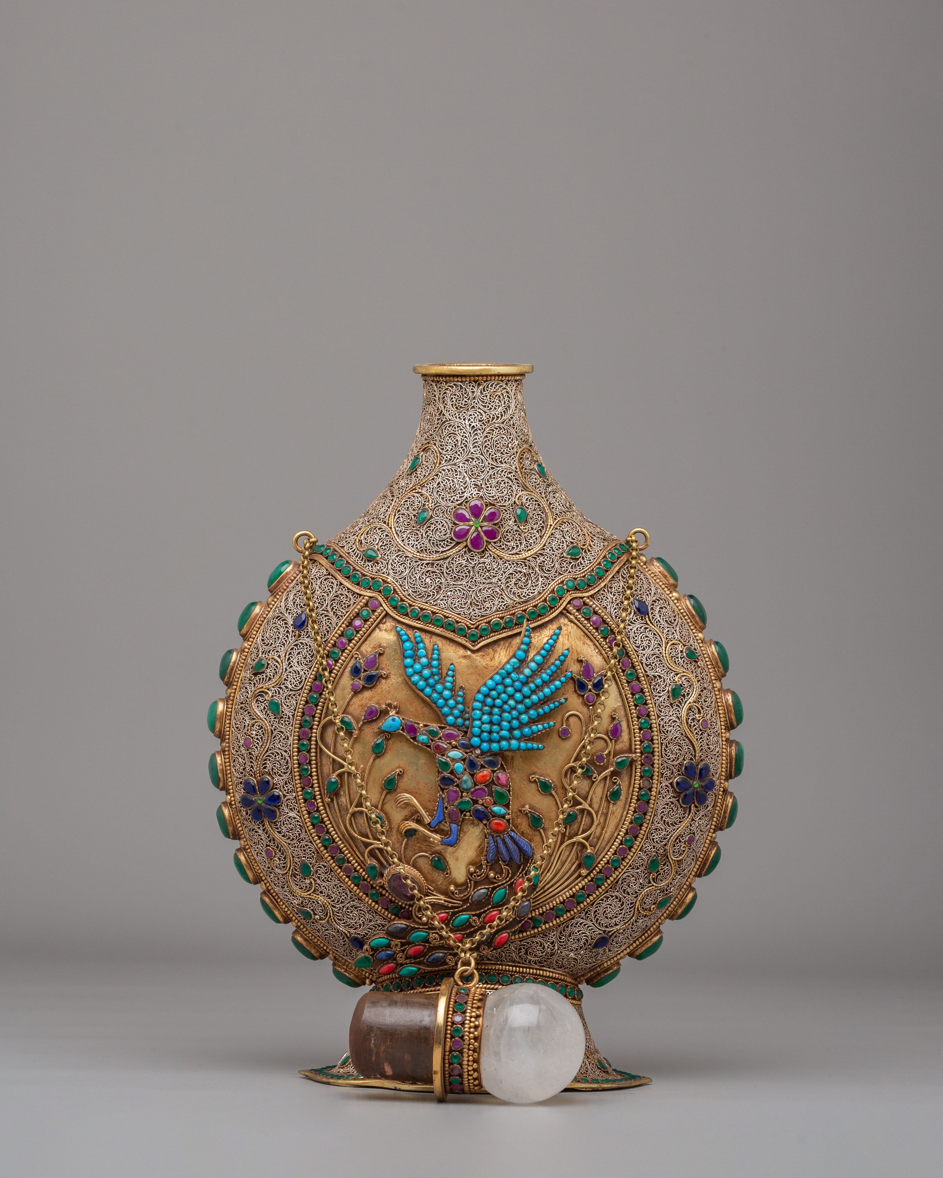 Handcrafted Snuffpot With Peacock Design | Copper Silver Artwork