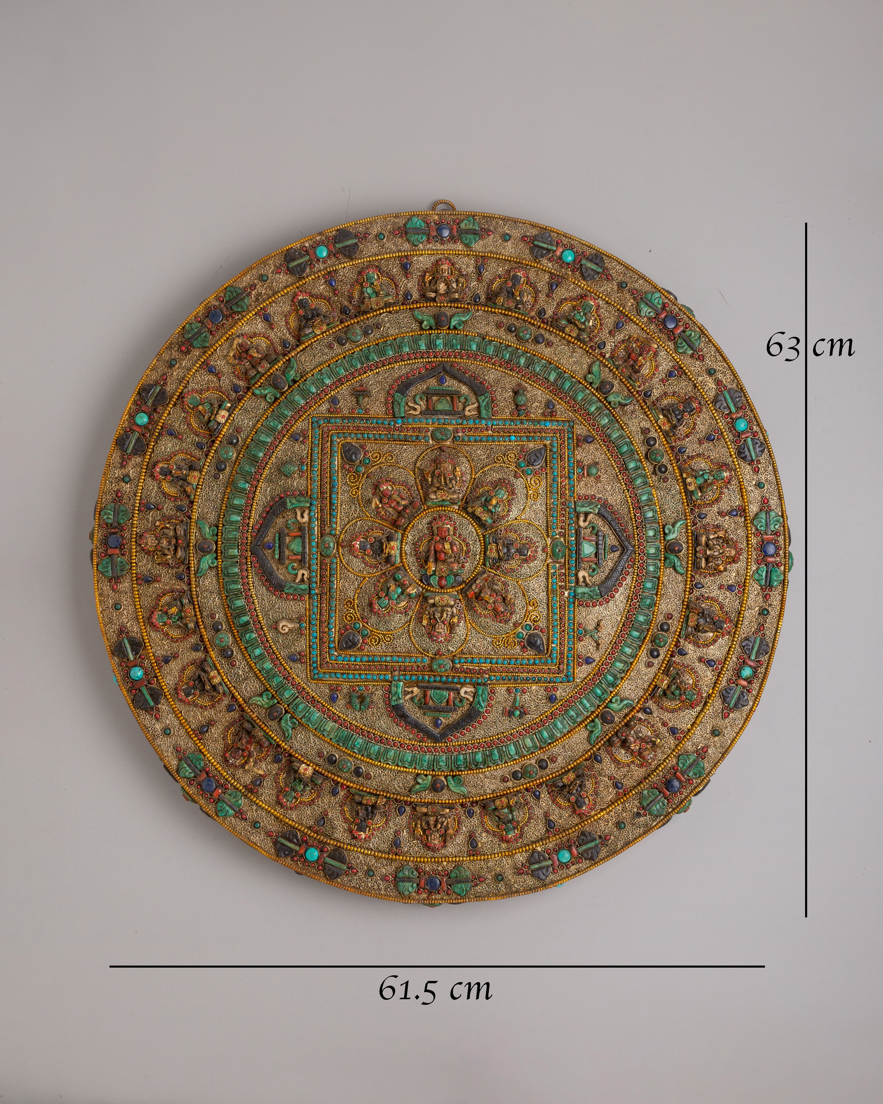 Mandala Wall Hanging with Deities | Silver Plated Gemstone Sacred Artwork