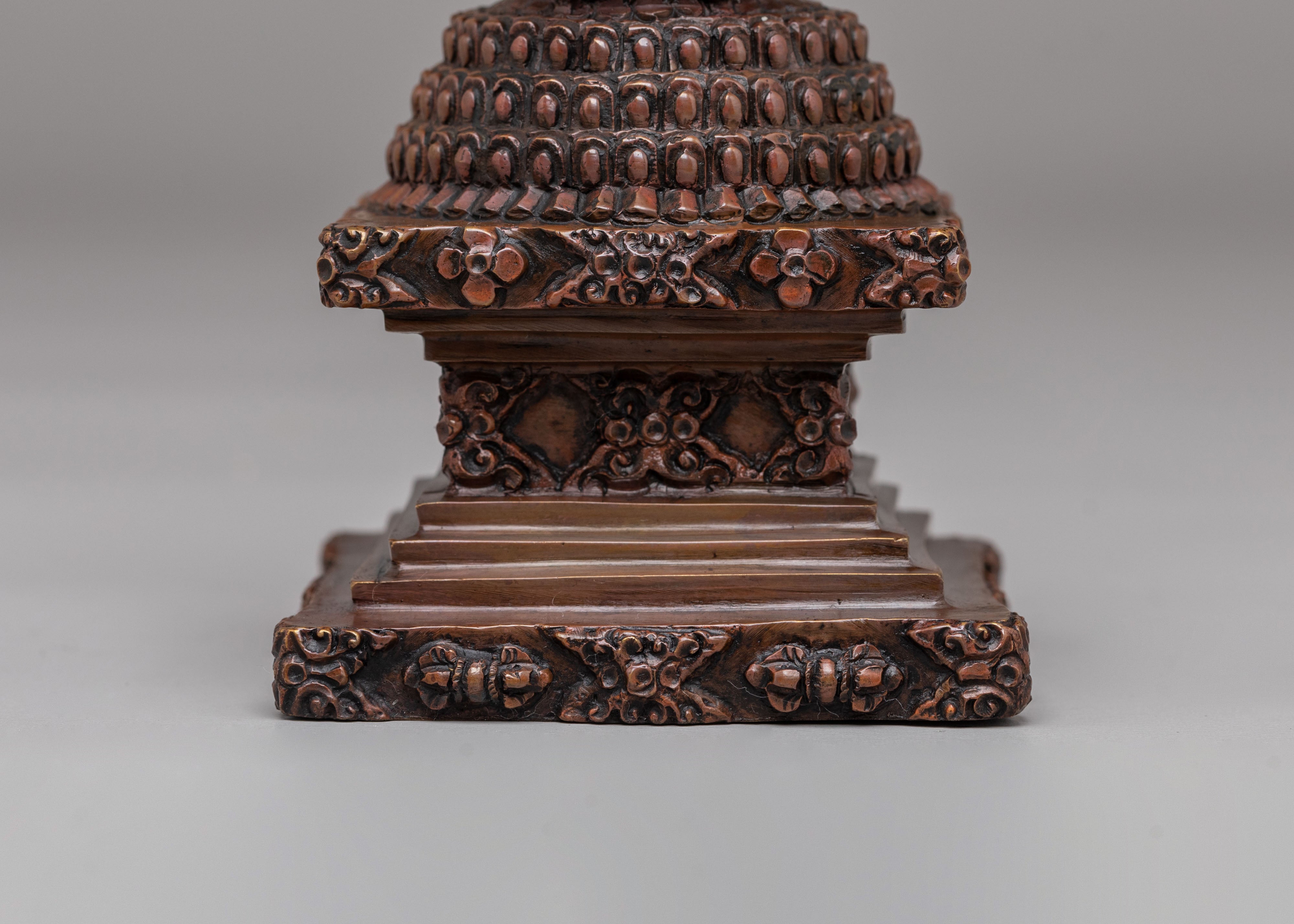 Traditional Lotus Blossom Stupa | Handcrafted Oxidized Copper Sacred Decor