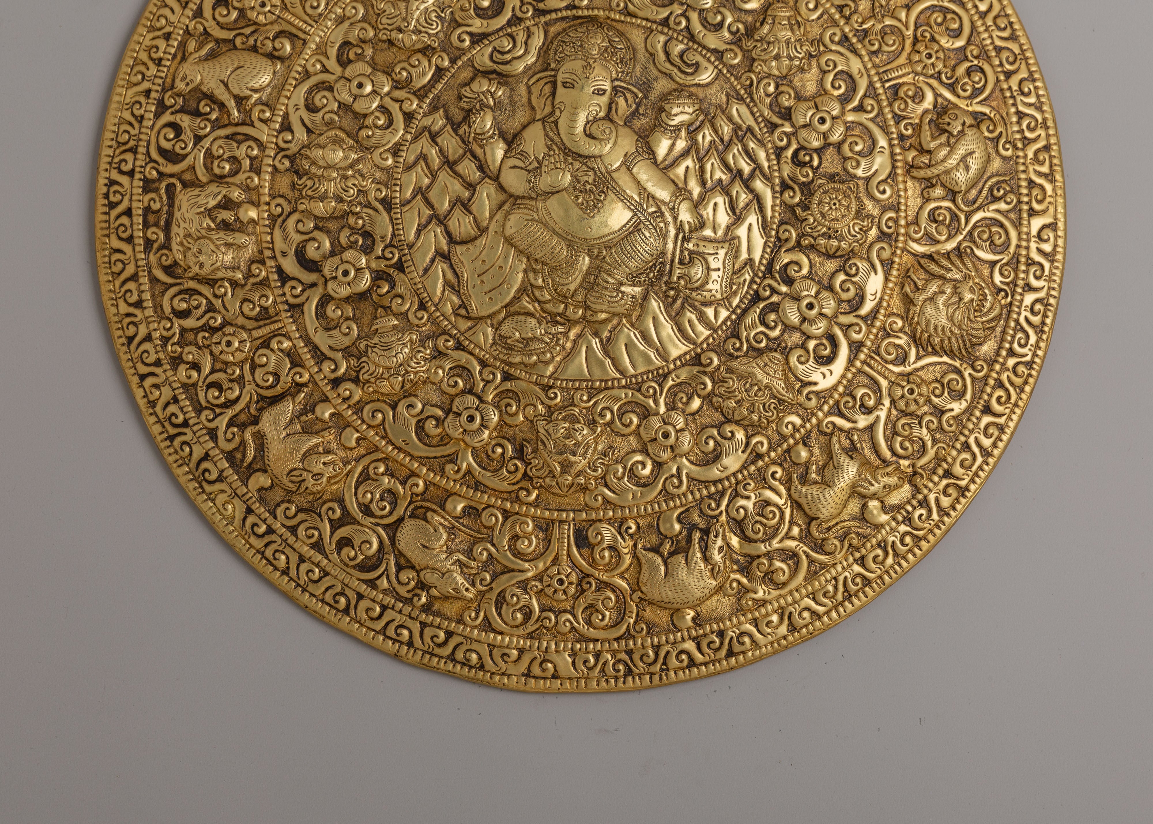 Traditional Ganesha Mandala Wall Hanging | Gemstone Inlaid Copper