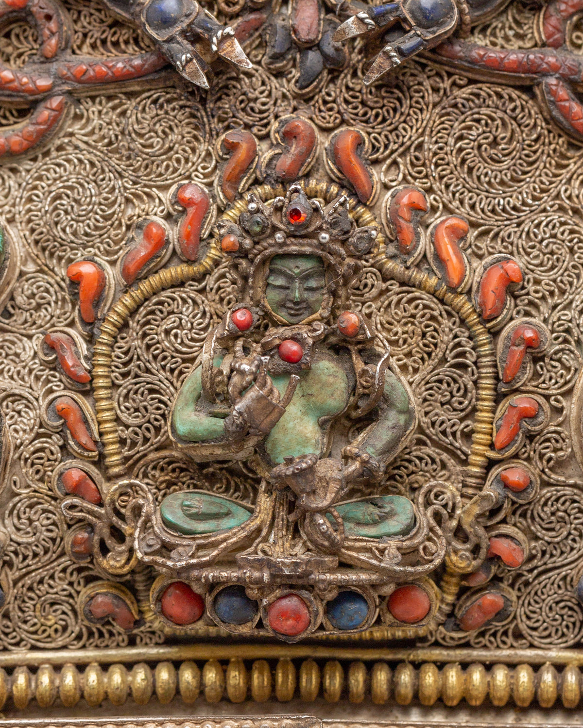 Buddhist Ghau Box with Deity Carvings | Silver Sacred Shrine