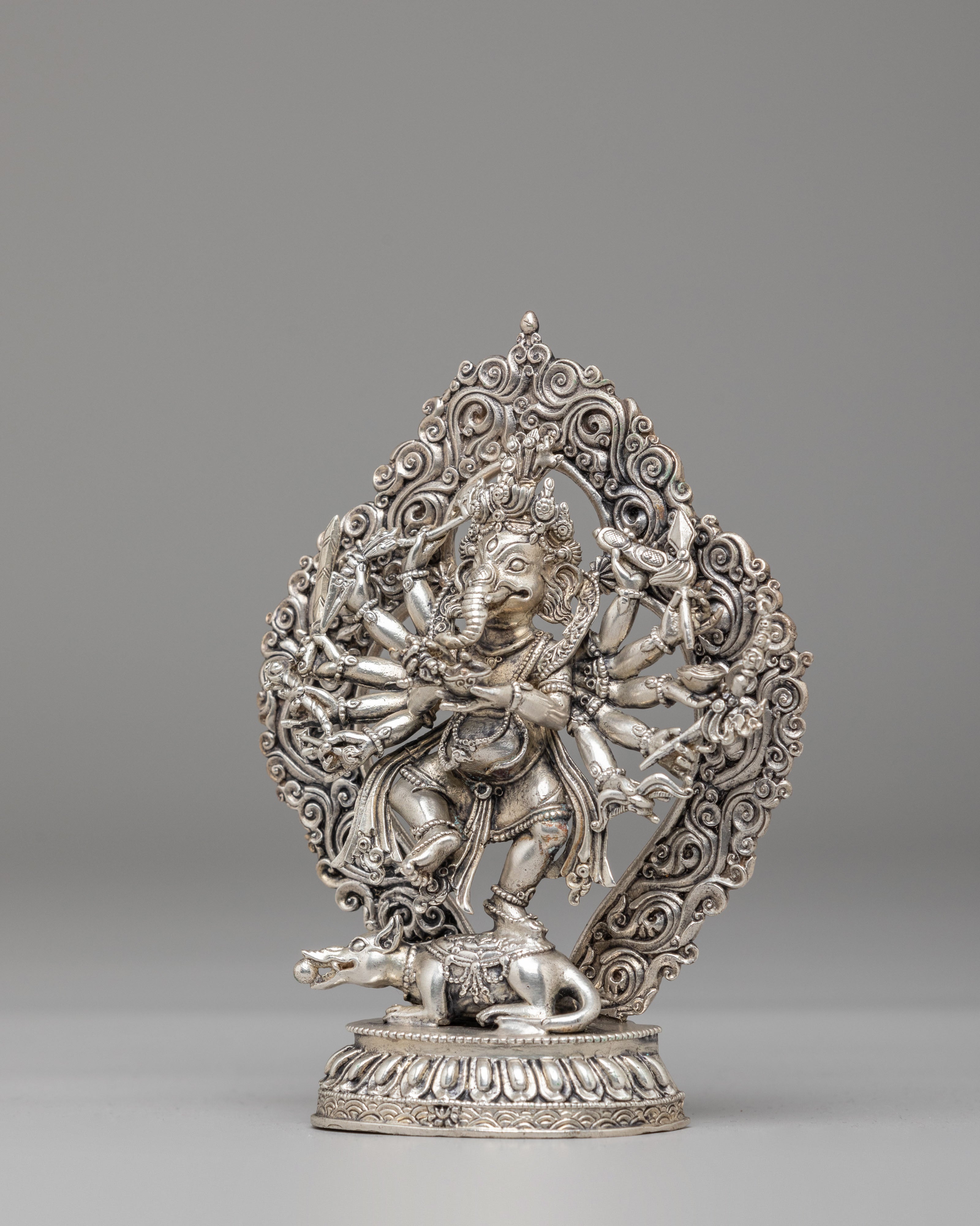 12-Armed Maha Rakta Ganesh Statue | Machine Made Silver Plated Hindu Deity